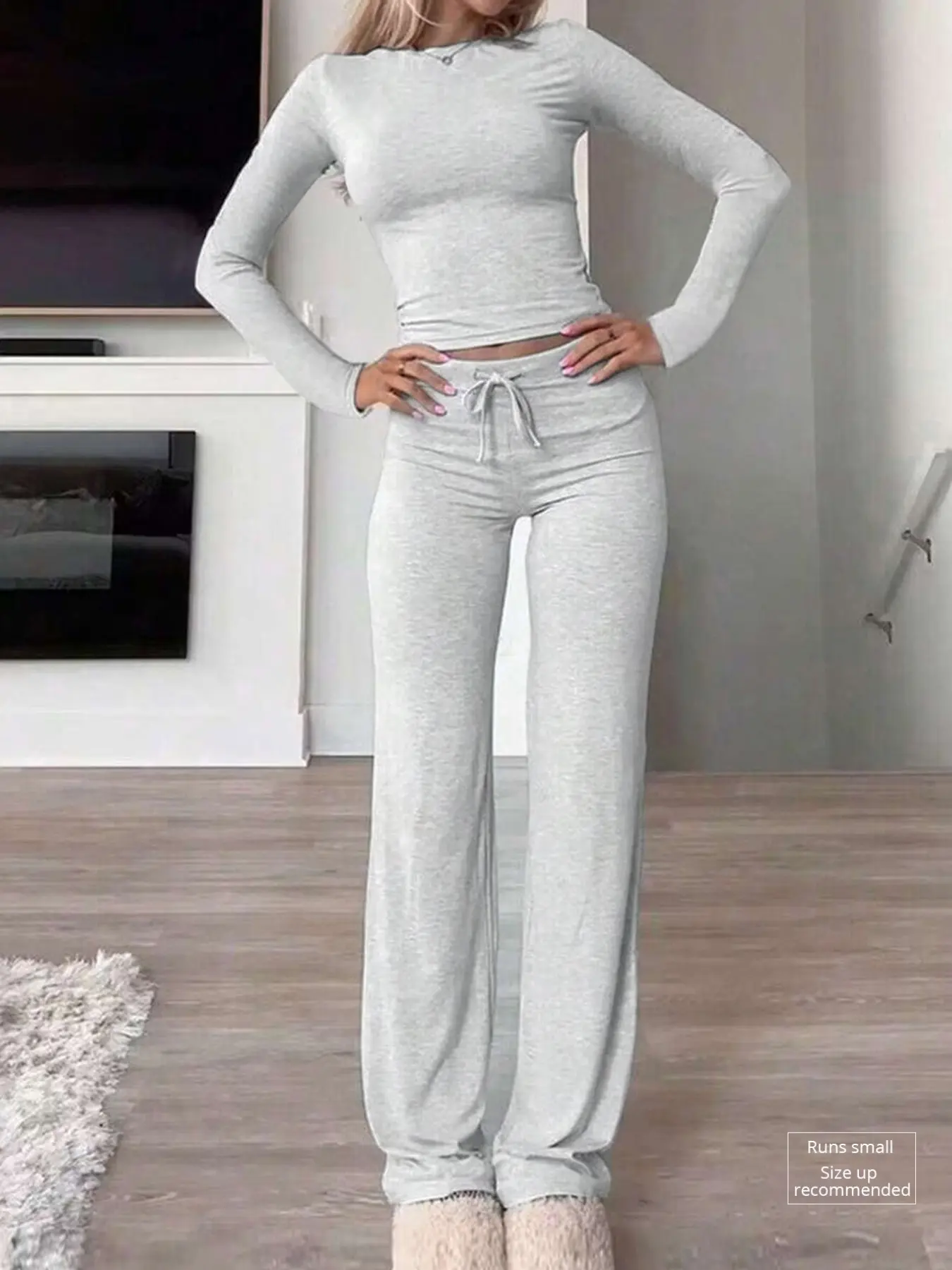 Women's Solid Long Sleeve Crop Top & Drawstring Waist Straight Leg Pants Loungewear Set, Casual Comfy Round Neck Top & Trousers PJ Set, Ladies Sleepwear for Summer & Fall