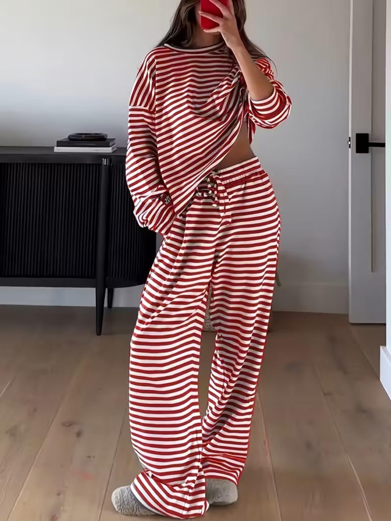 Women's Fashion Striped Casual Workout Loungewear Sportswear Set, Spring & Fall Long Pants and T-Shirt Two-Piece, Stylish Stripe Design