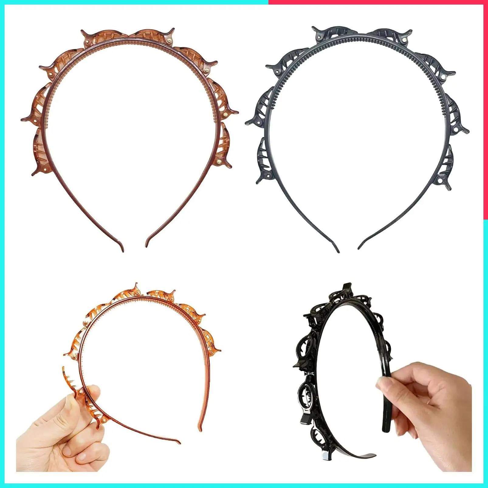 2-Pack Braided Headband with Clips, Double Layer Non-Slip Hairband for Twisty Bangs – Women's Hair Styling Accessories, Black & Brown