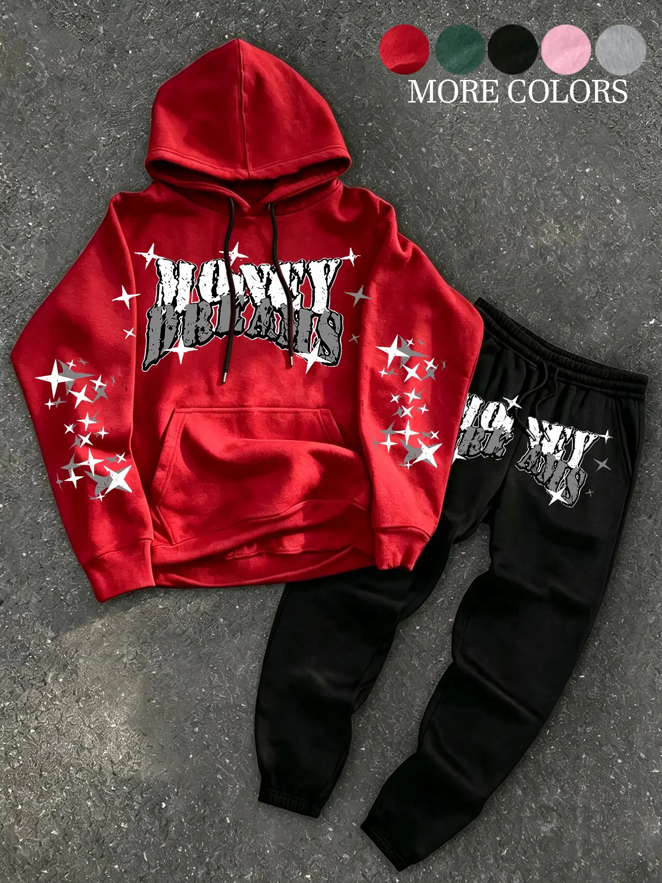 Unisex design, street sport style, spring and autumn fashion, simple and minimalist star and letter print long-sleeve hooded sweatshirt set, Pants set outfit