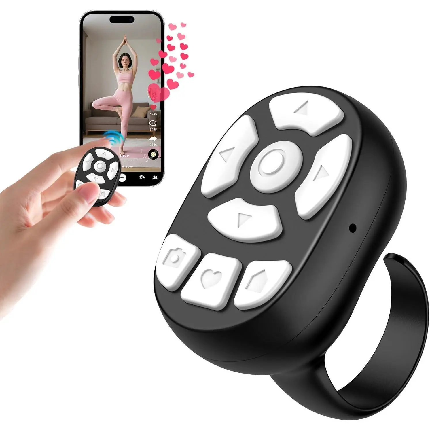 Wireless Bluetooth Camera Selfie Accessory Ring - TikTok Auto Clicker for iPhone, Hands-Free Liking, Page Turn, Volume Adjust, Photo Capture Without Screen Touch (Black)