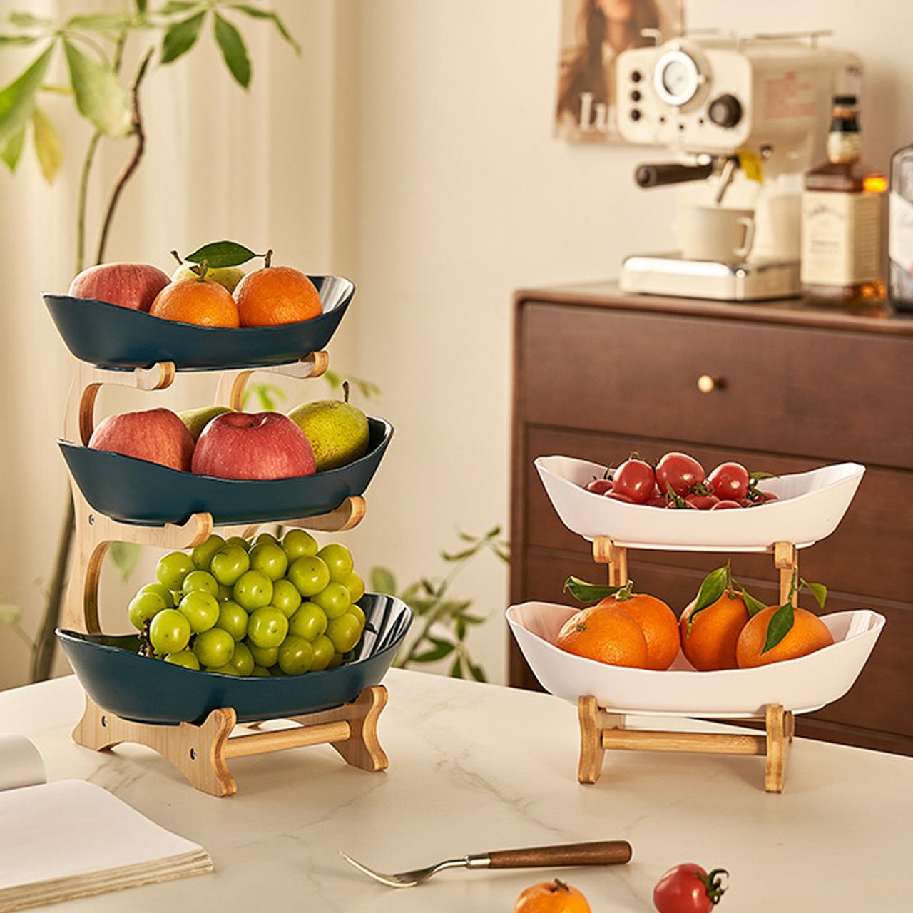 Colorful Fruit Basket Set with Wooden Stand, Plastic Bowls, Cake Stands, Biscuit Plates, Candy Buffet, Dessert Table Display, Perfect for Weddings & Parties