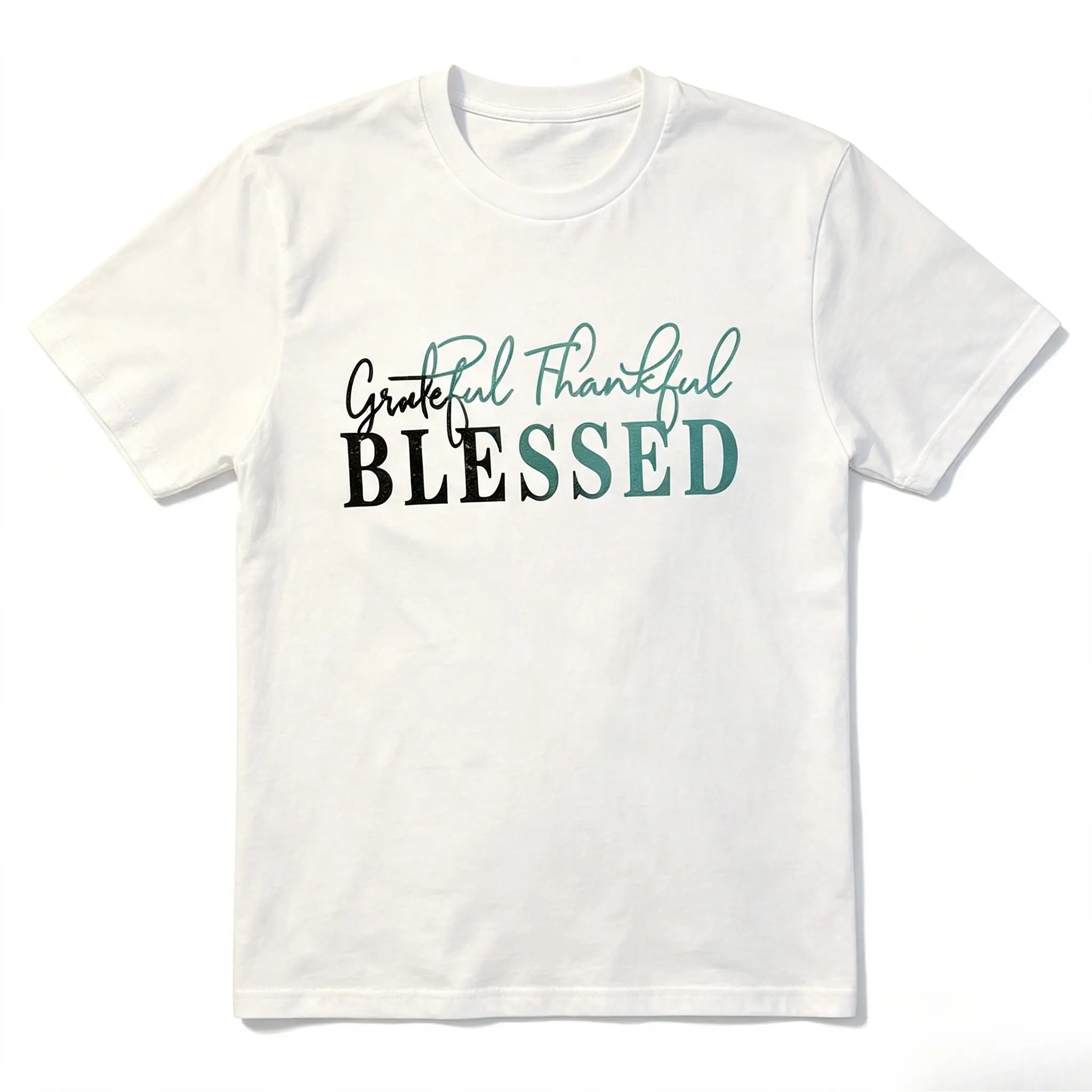 Grateful Thankful Blessed Script Letter Graphic Cotton T-Shirt, Oversized Comfort Fashion Outfit, Inspirational Faith Casual Top, Perfect Valentine's Day Holiday Gift for Lovers, Family, Friends For Him Her
