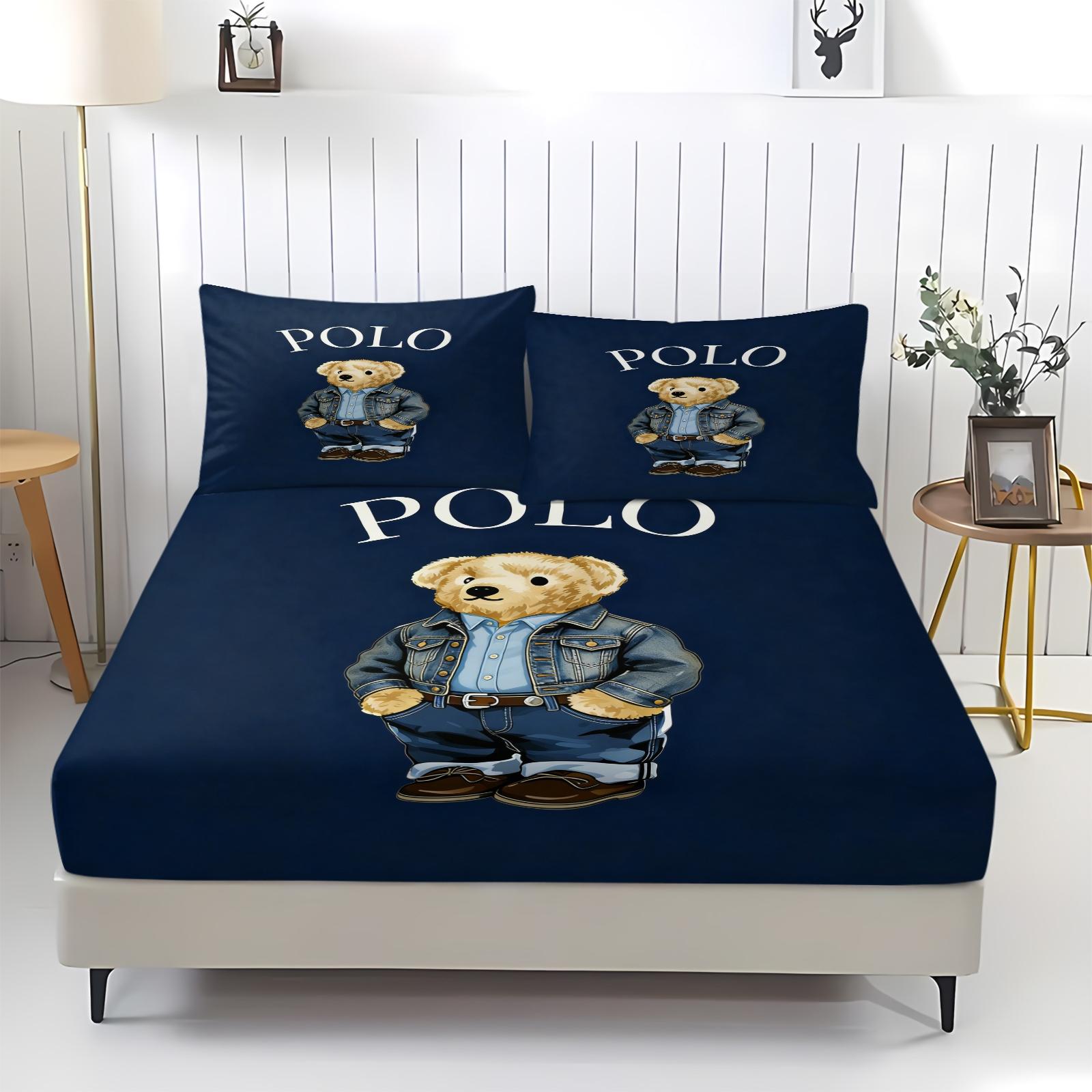Teddy Bear Pattern Bed Sheet, Comfortable Printed Pattern, Includes 1 Bed Sheet and 2 Pillowcases, Comfortable Bedding, Non slip Dust Cover Suitable for Bedroom and Guest Room, Suitable as a Gift for Children or Adults