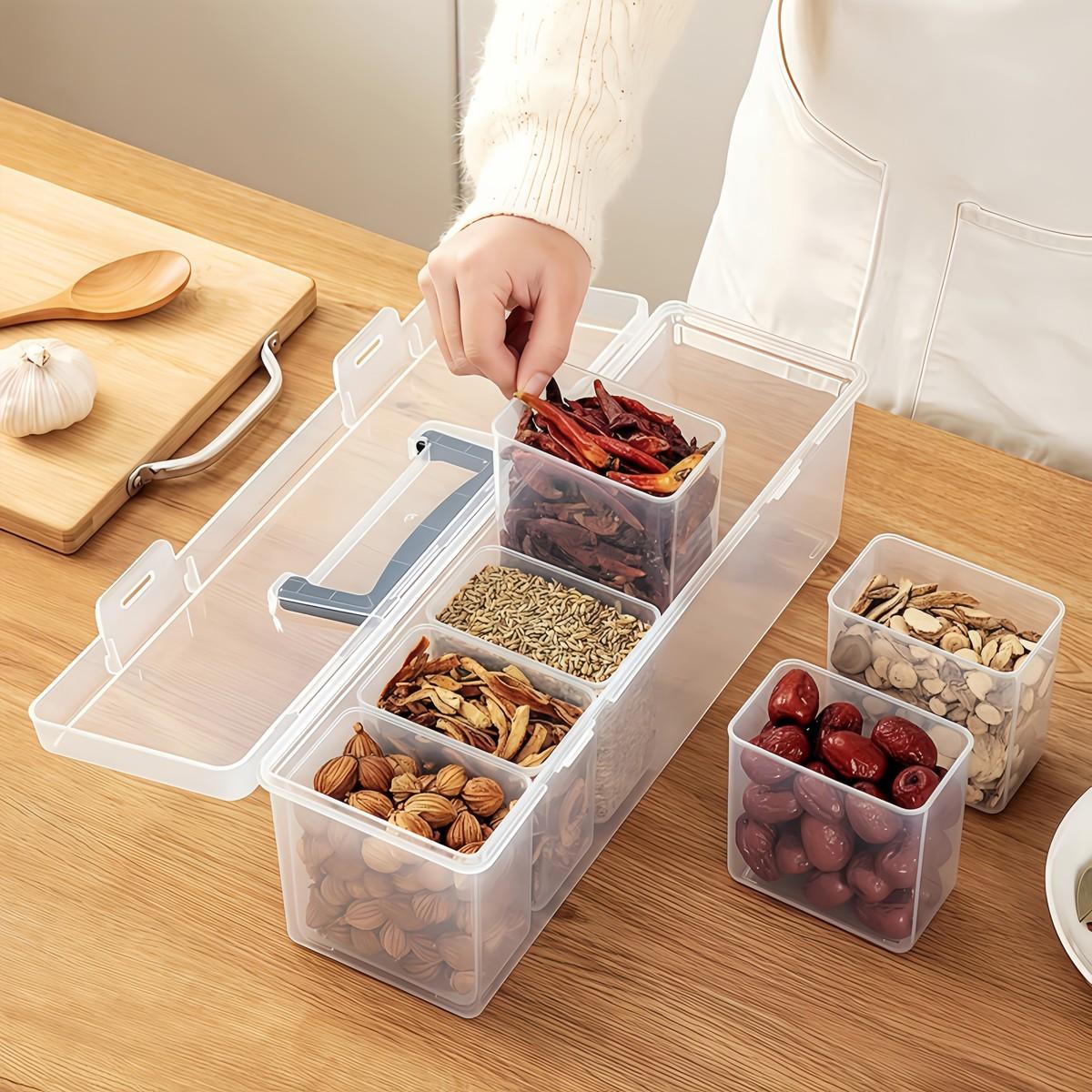 7 PCS Storage Box Set, clear plastic containers for spices, grains, and snacks, easy-access design for kitchen organization, perfect for home cooking, meal prep, and countertop storage