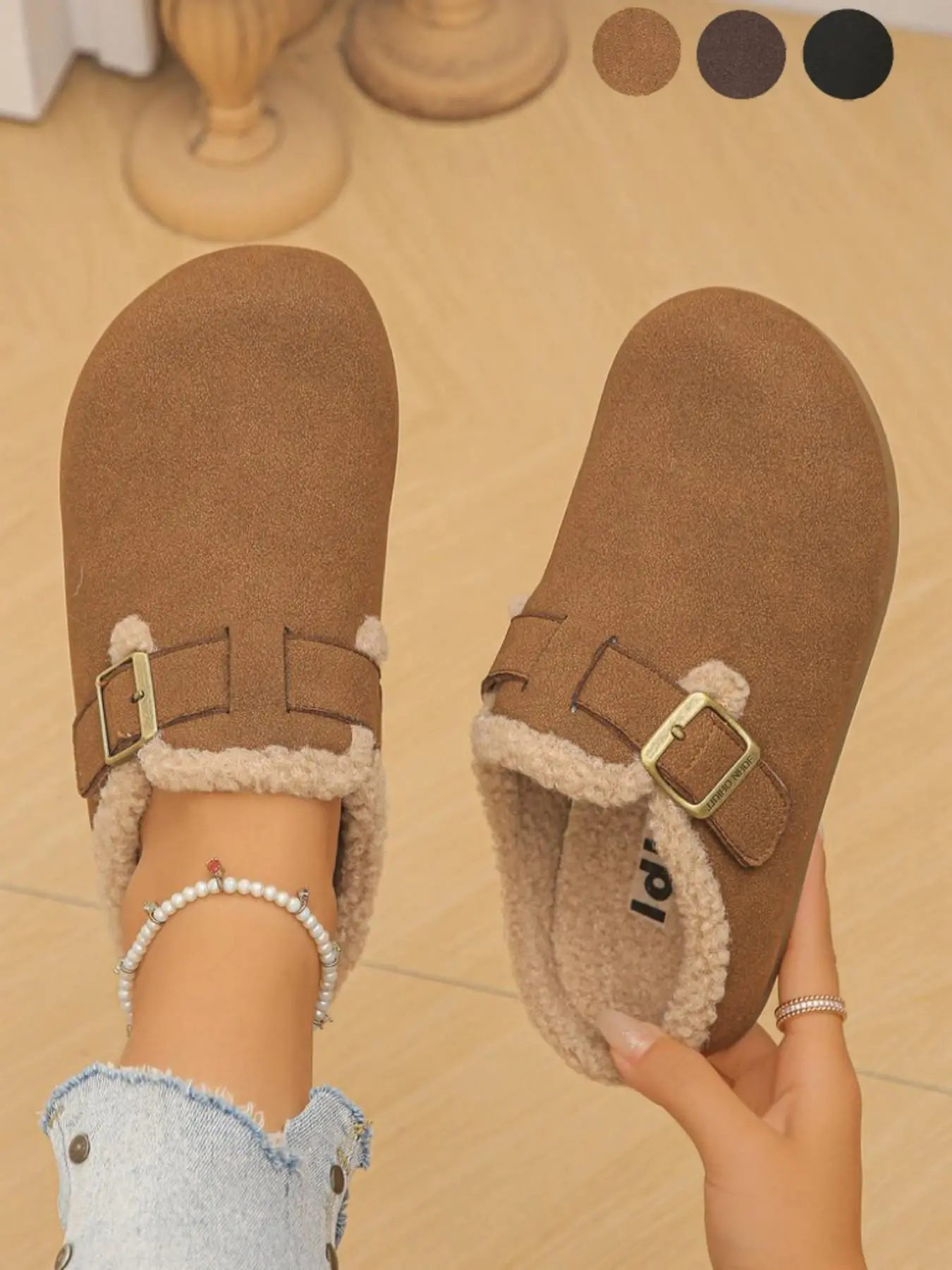 Women's Winter Faux‑Suede Closed‑Toe Mule Clogs, Metal Buckle, Sherpa Trim With Thick Fleece Lining, Backless Slip‑On Flat Shoes, Rubber Non‑Slip Sole, Comfort Warm Casual Shoes for Home, Indoor & Outdoor Daily Commute, Fuzzy Lined Clogs