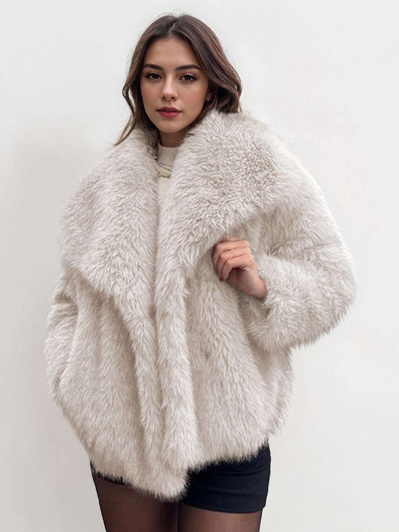 Women's Elegant Solid Color Wide Collar Zipper Closure Plush Warm Coat, Stylish Everyday Outerwear for Fall & Winter Seasons