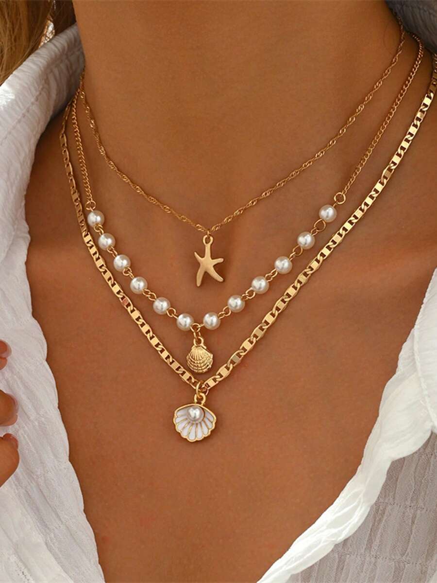 3pcs Summer Bohemian Style Multi-Color Faux Pearl Multi-Layer Necklace Set With Shell Pendant, Suitable For Beach, Travel, Daily Decoration, Outfit Matching, Dating, Party, Holiday Gift For Women