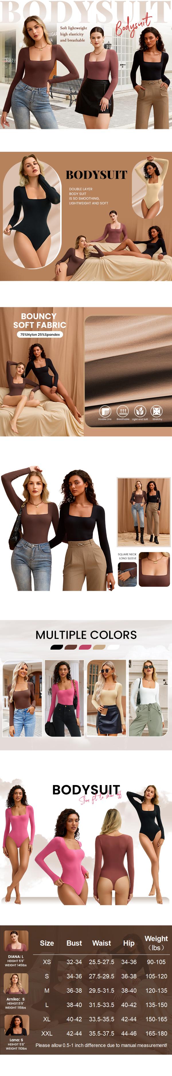 Clearance Sale - Limited Sizes Available** Women's Long Sleeve Bodysuit Double Lined Square Neck Body Suit Tops Snap Closure Soft