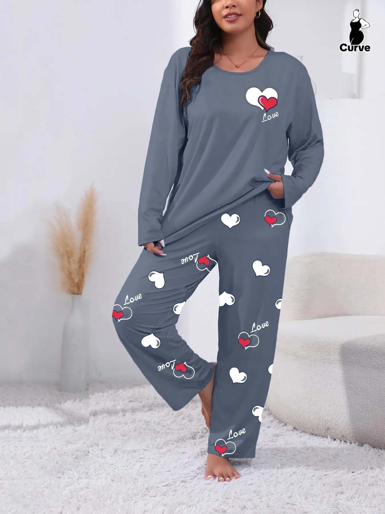 Plus Size Heart Letter Print Comfortable 2-Piece Set, Casual Long Sleeve Pajama Pants Suit, All Seasons Fitted Knit Fabric Loungewear, Nightwear