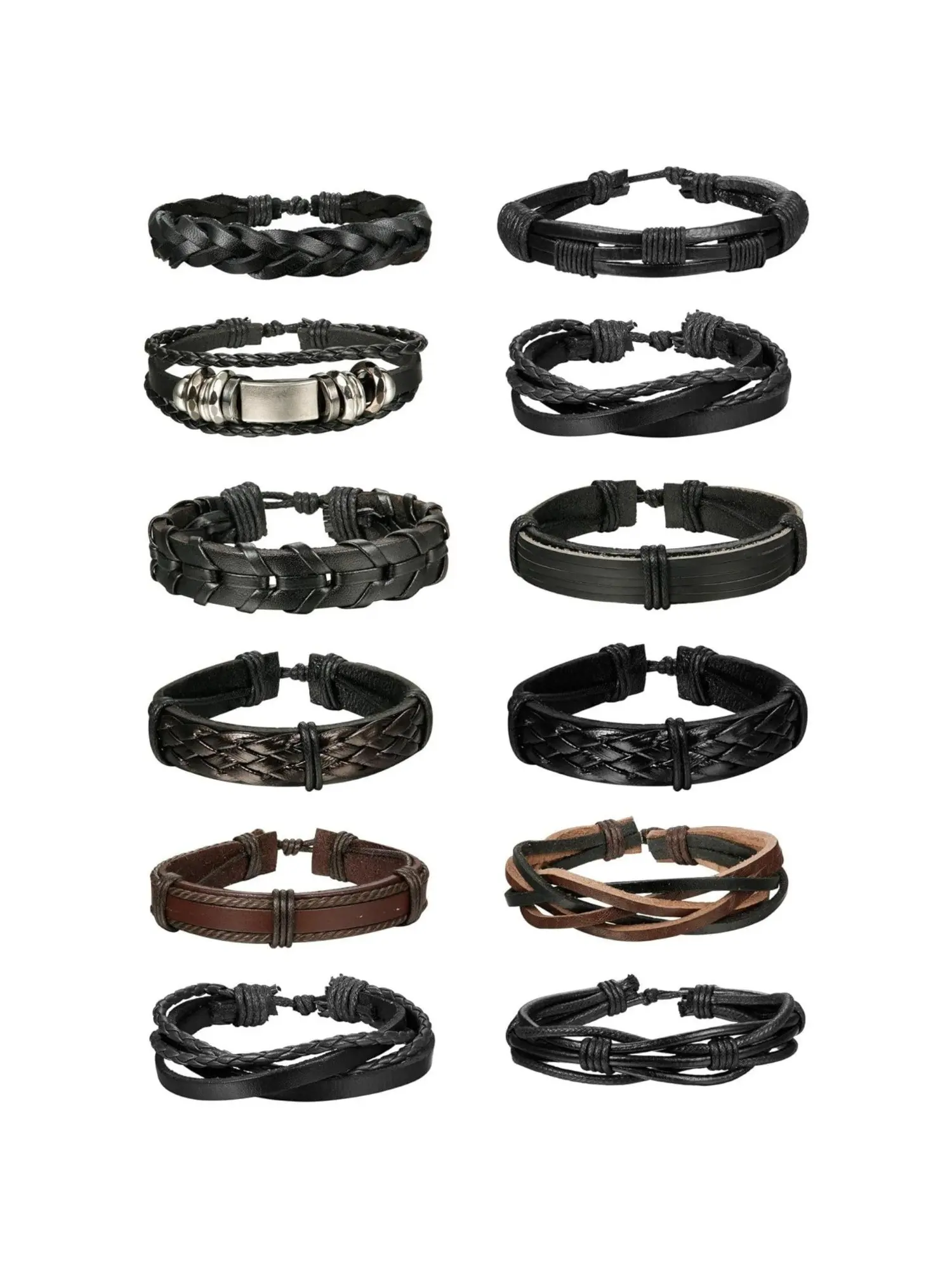 12 Pcs Boho Punk Leather Bracelet Bundle Black Coffee Braided Leather Wrist Cuffs with Adjustable Drawstring Closure Various Craft Braided Leather Designs for Unisex Vintage Motorcycle Style Bracelets for Street Outfit Hippie Daily Layered Matching