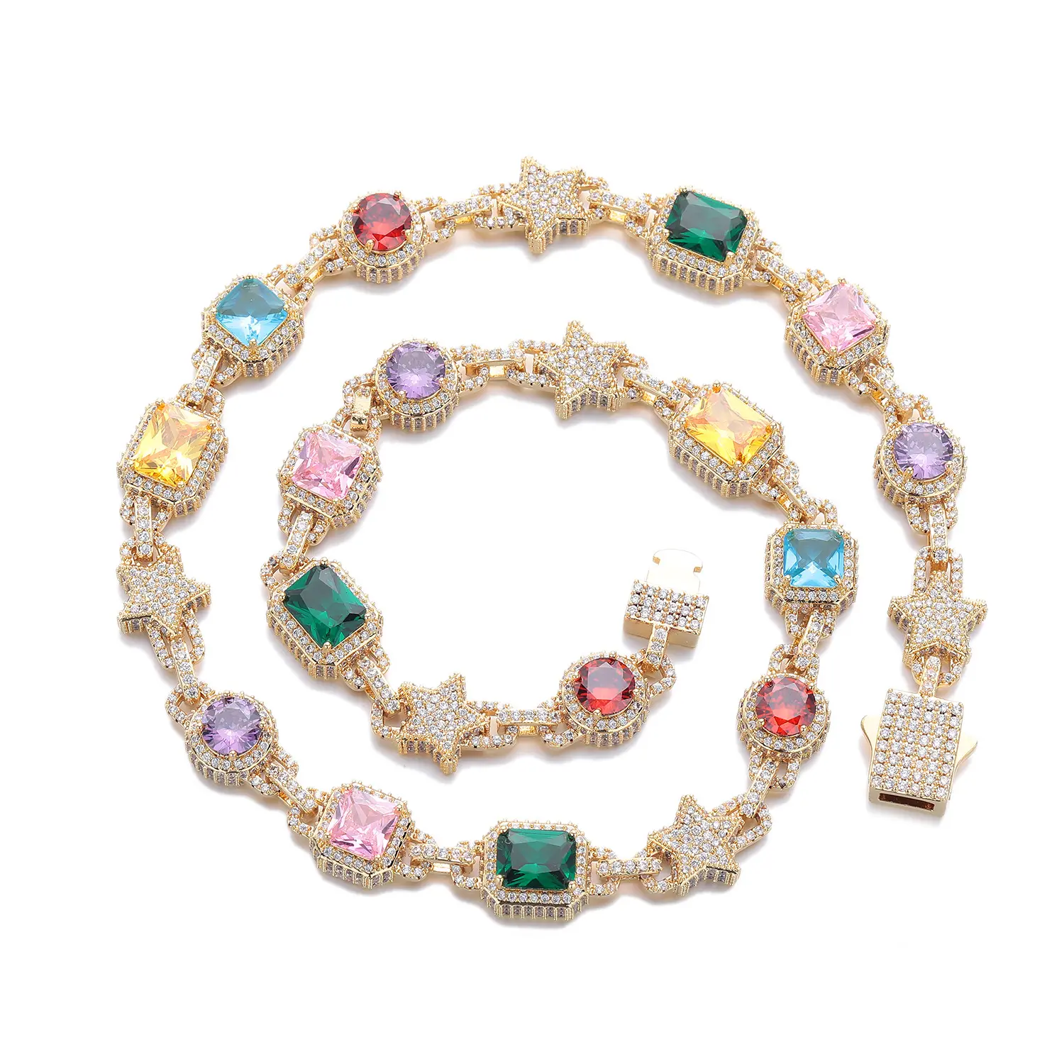 Loveden Multicolor Gem Star‑Shaped CZ Tennis Chain, Gold‑Plated Geometric Inlaid Zircon Bracelet Necklace, Unisex Hip‑Hop Daily Fashion Jewelry, 2‑Tone Options, Multiple Sizes