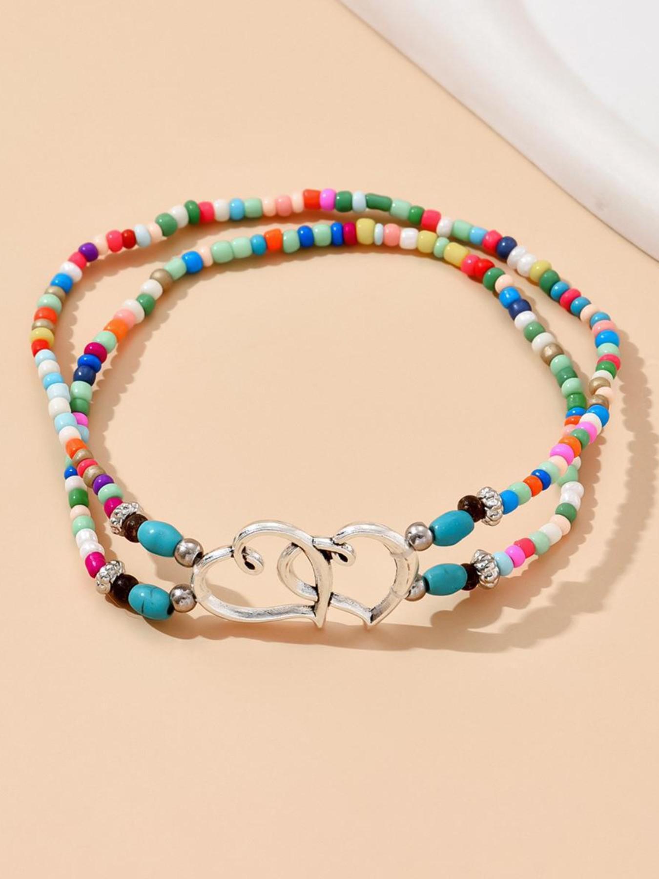 Fresh and Simple Beach Summer Double Heart Rice Beads Anklet, Multilayer Beaded Anklet for Women, Daily Casual Wear, Valentine's Gift