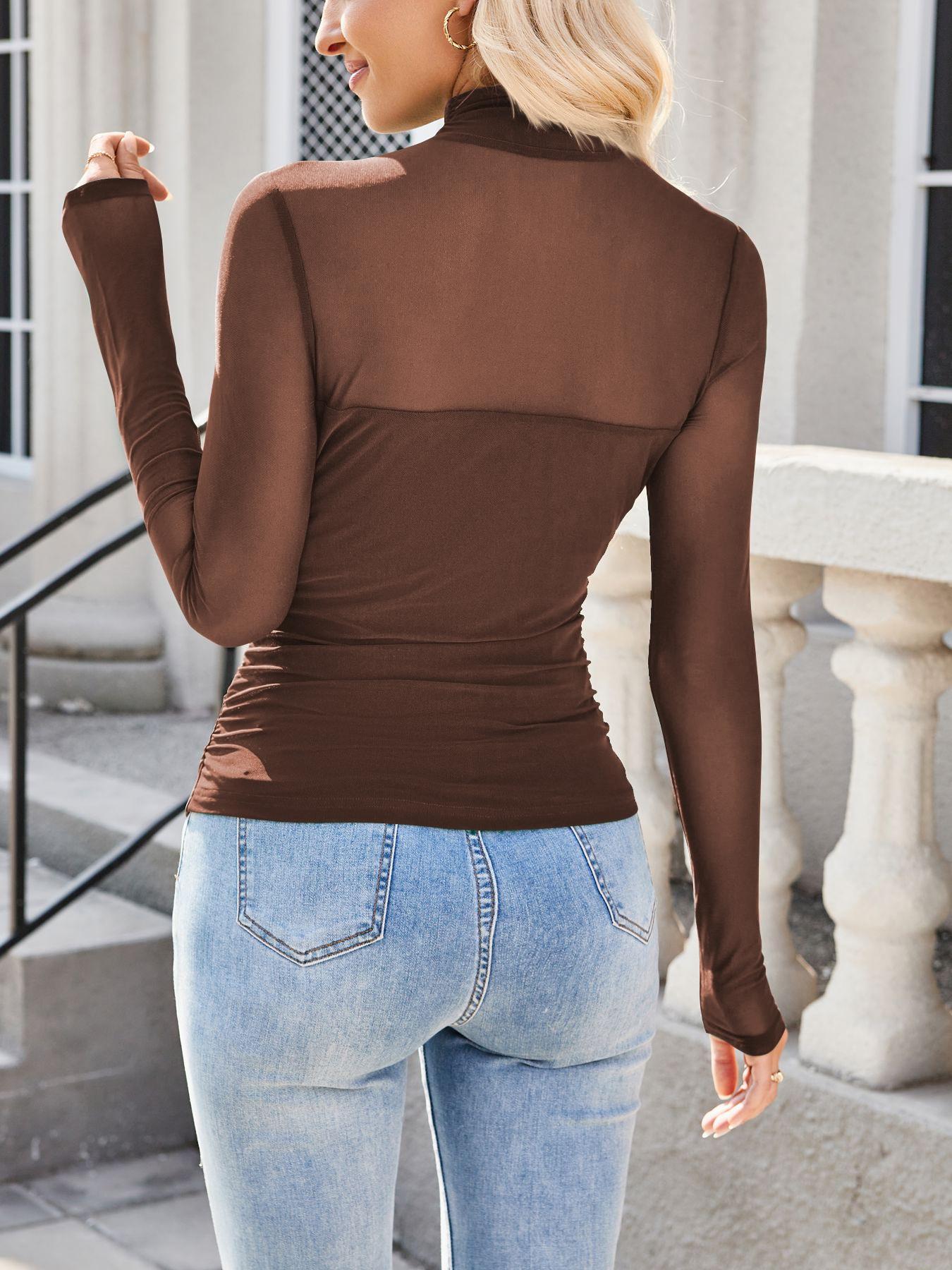 Women's Mesh Sheer Long Sleeve Ruched Top, Sexy Fitted High Neck, Fashion Chic Casual Versatile Basic Base layer