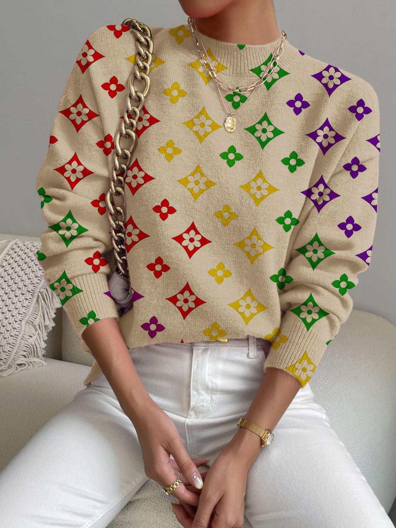 Women's Geometric Pattern Mock Neck Fitted Sweater, Fall Winter Casual Long Sleeve Knitwear, Comfortable Warm Daily Wear Tops