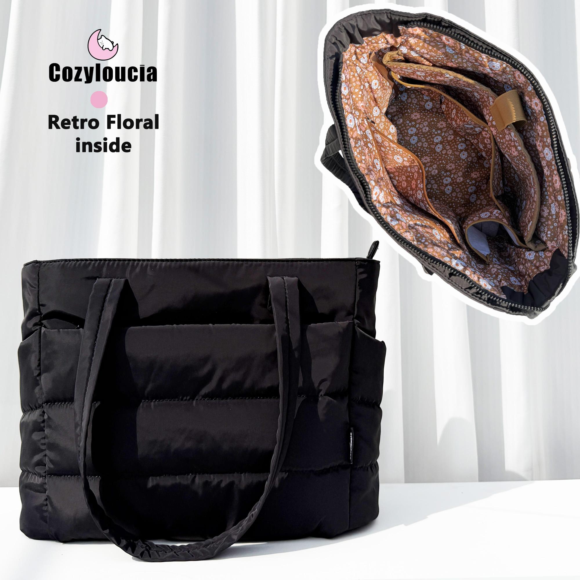 CozyLoucia Cute Puffer Tote Bag for Women Pink Flower Print Interior Laptop Shoulder Handbag, Lightweight Best Tote Bag for Work with Multiple Compartments for Travel , Work  and School ,Christmas Gift Ideas