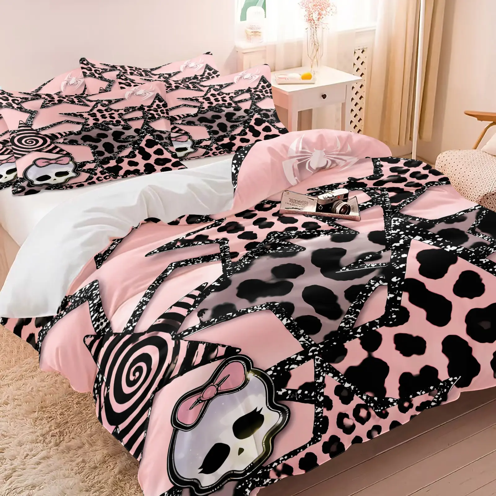 Y2K Sweet Cool Pink Leopard Skull Bedding Set, 1 Duvet Cover + 2 Pillowcases, Pink Base Leopard Star Spider Bow Skull Print, Ideal for Girls Teens Dorm Subculture Personality Bedroom Dorm Gaming Room Decor