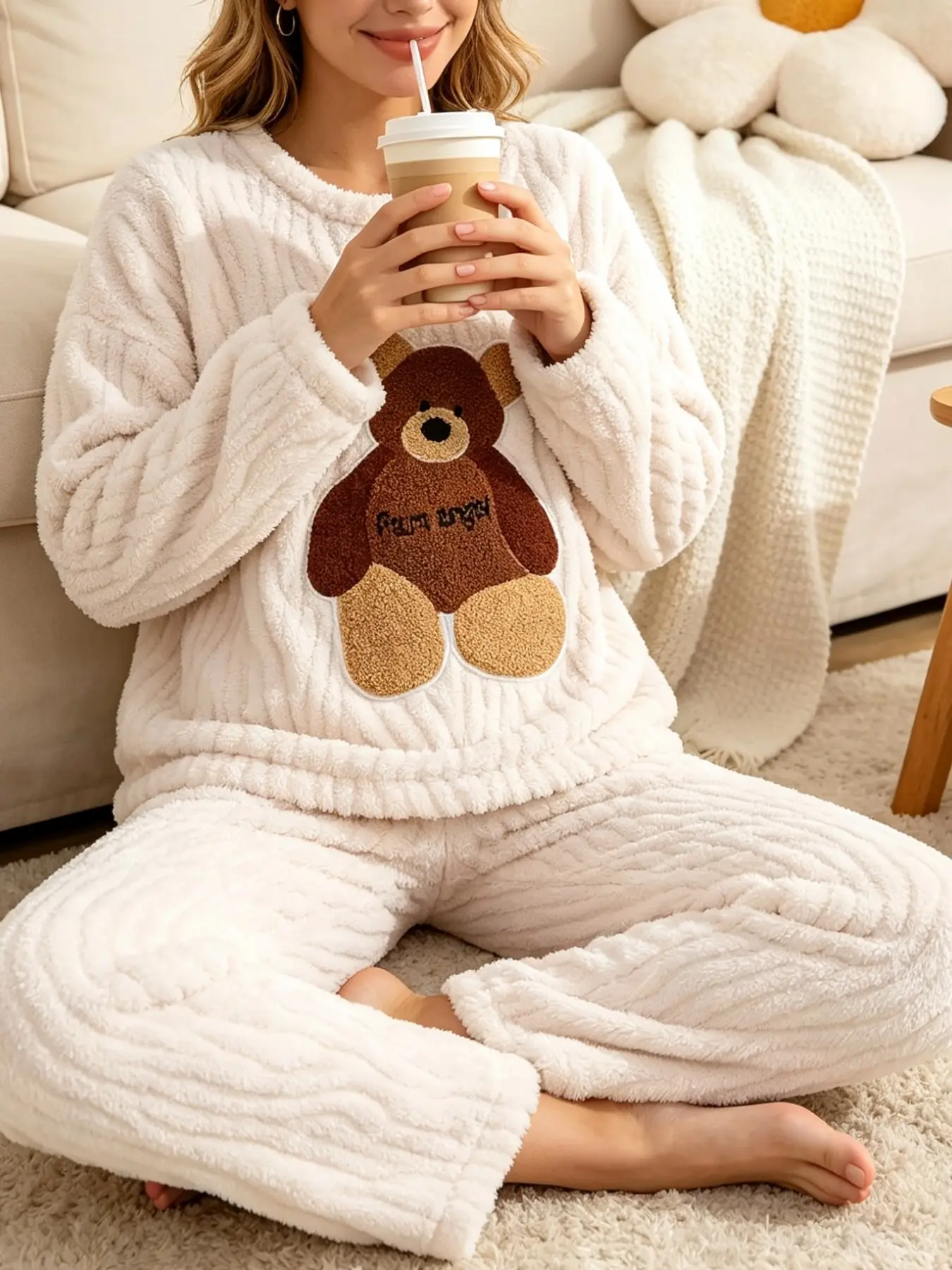 Women's Winter Pajama Set, Flannel Long Sleeve Top and Pants, Cute Bear Embroidery, Cozy Fitted Sleepwear, All over Print, Loungewear
