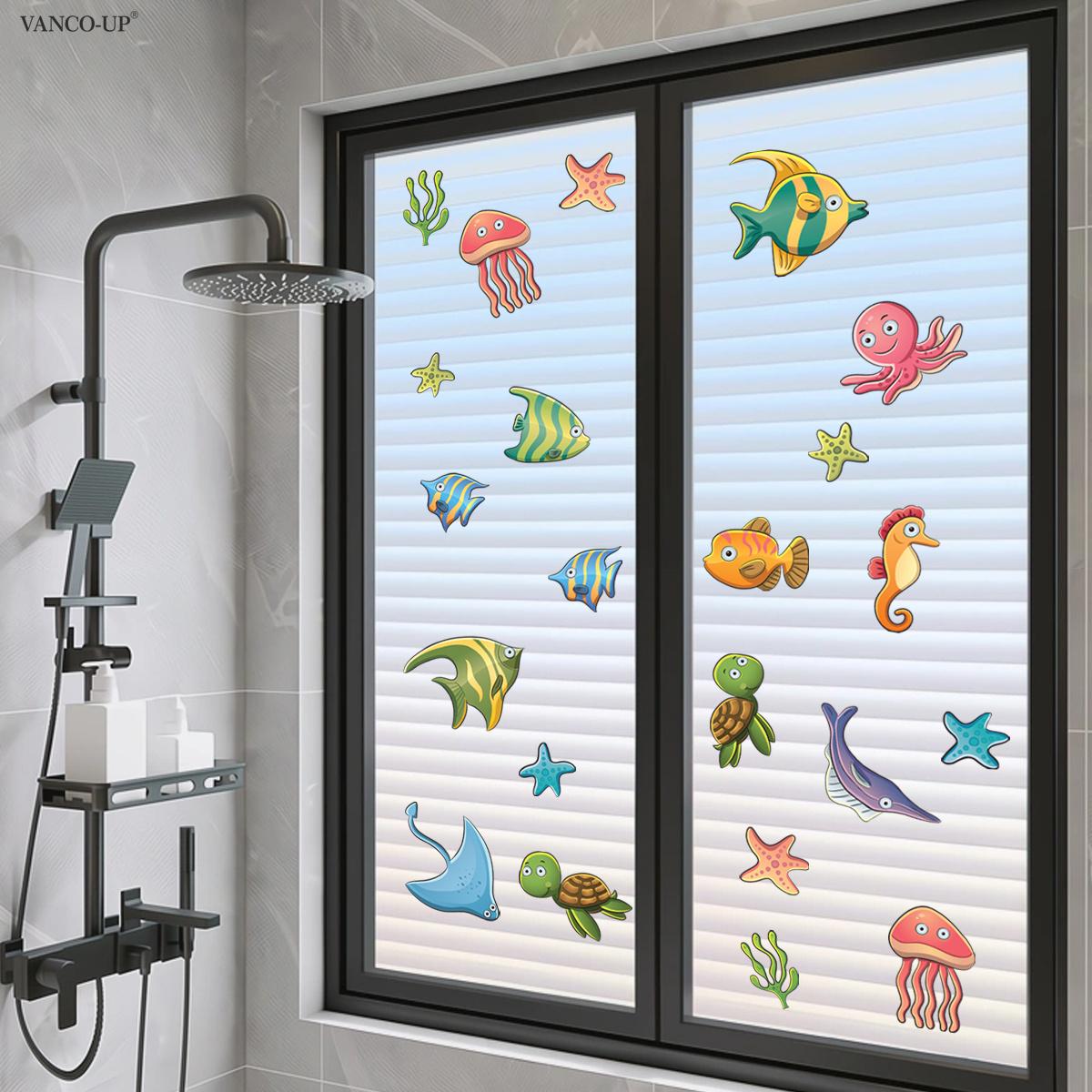 2D Flat 30×60cm Cartoon Colorful Sea Creatures Static Window Clings for Kids Bedroom Glass Decor