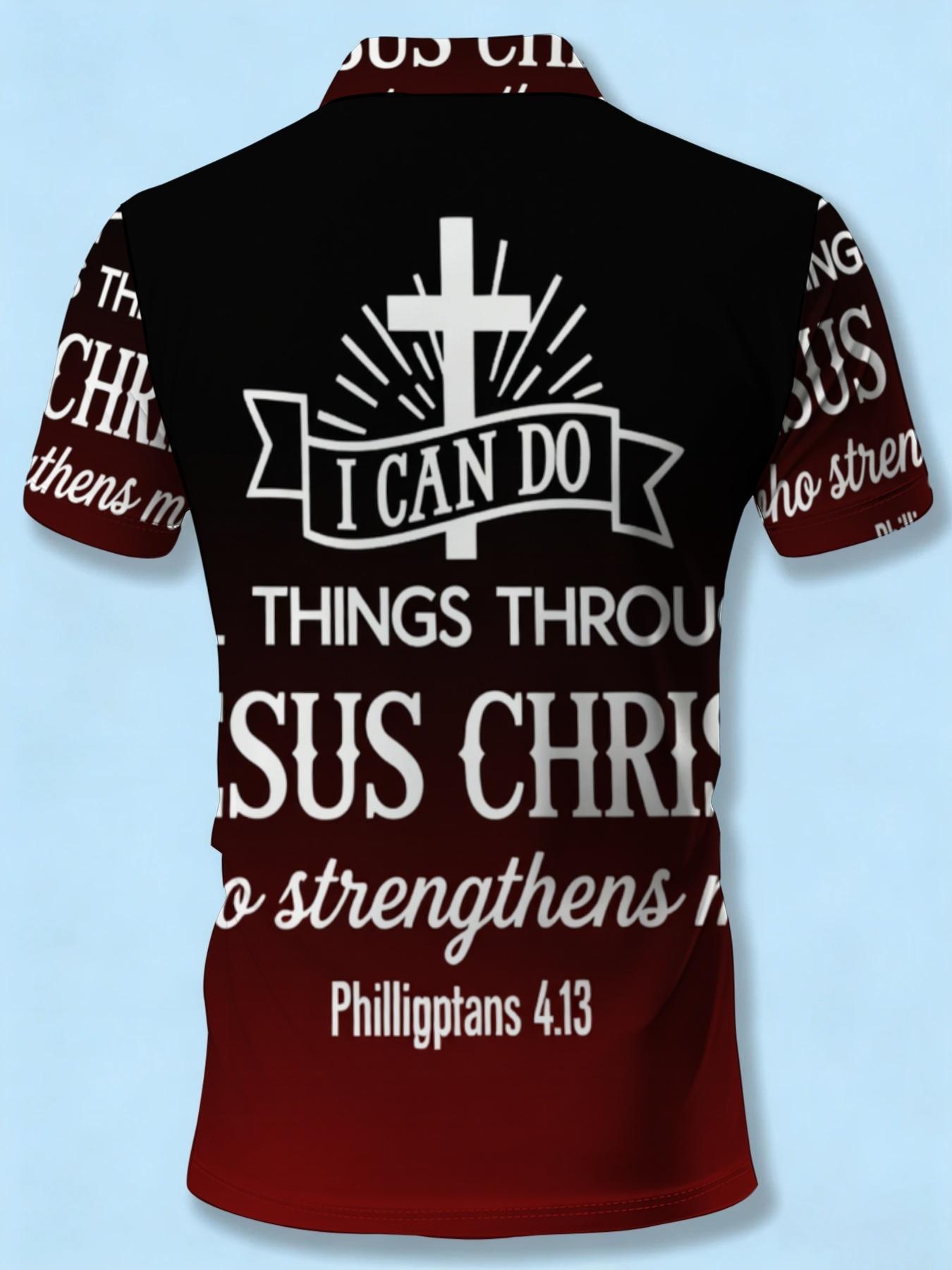 Men's Religious Theme Short Sleeve Polo Shirt with Faith Inspirational Print, Christian Bible Verse Color Block Design, Summer Trendy Men's Wear