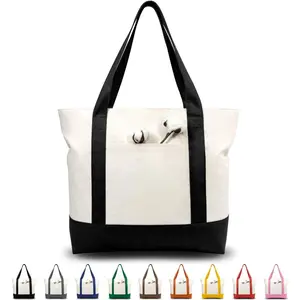 1/3/6/30-piece set of canvas tote bags, with outer pocket, reusable, top zipper closure, daily essentials (black/beige, 1-piece set): Home & Kitchen