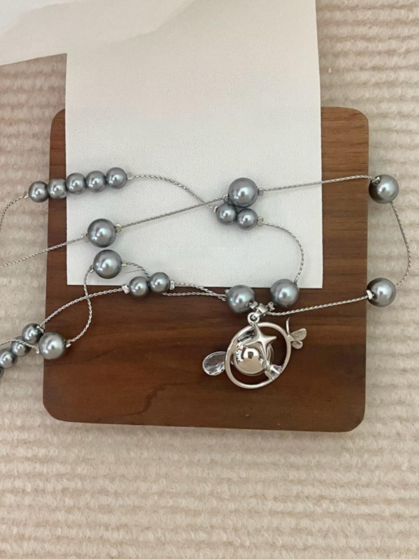 Elegant Rhinestone Saturn Pearl Pendant Necklace, French Luxury Style Choker Chain, Unique Fashion High-End Jewelry for Women