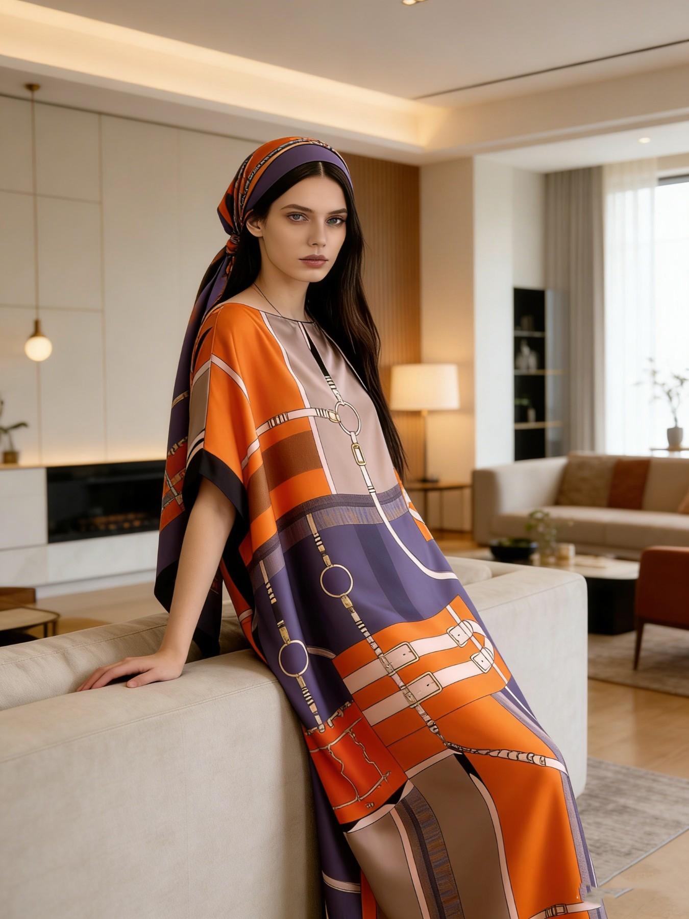 1dress+1scarf Viral Rust Orange Geometric Belt Print Satin Kaftan Maxi Dress with Matching Scarf – Silky Loose Fit, Plus Size Friendly, Luxury Loungewear, Beach Cover Up & Evening Party Wear, Must-Have Resort Fashion Piece