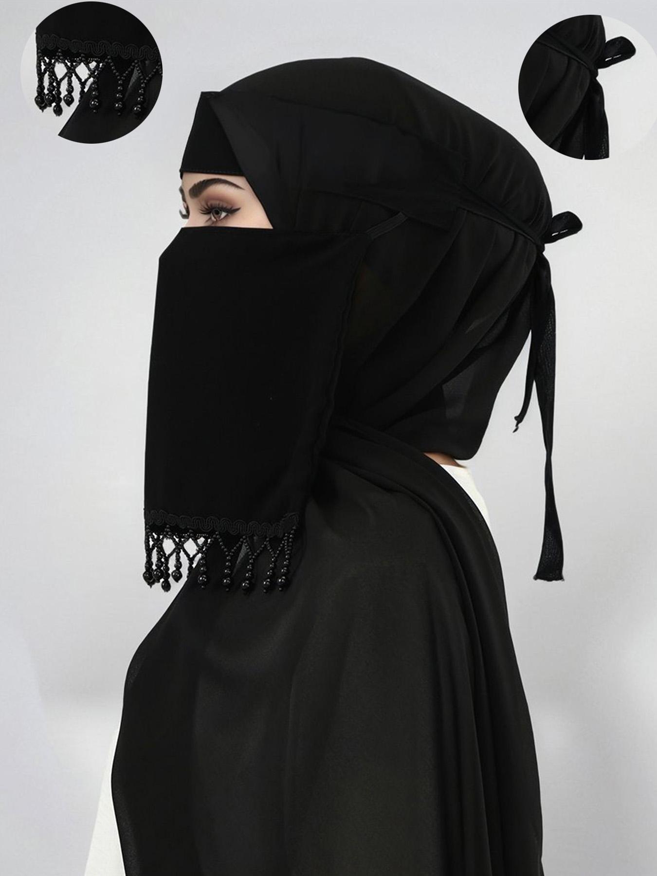 Women's Plain Beaded Fringe Mask with Elastic Band, Daily Use Headscarf, Sparkling Casual Hijab, Niqab, 1pc Ladies Face Covering