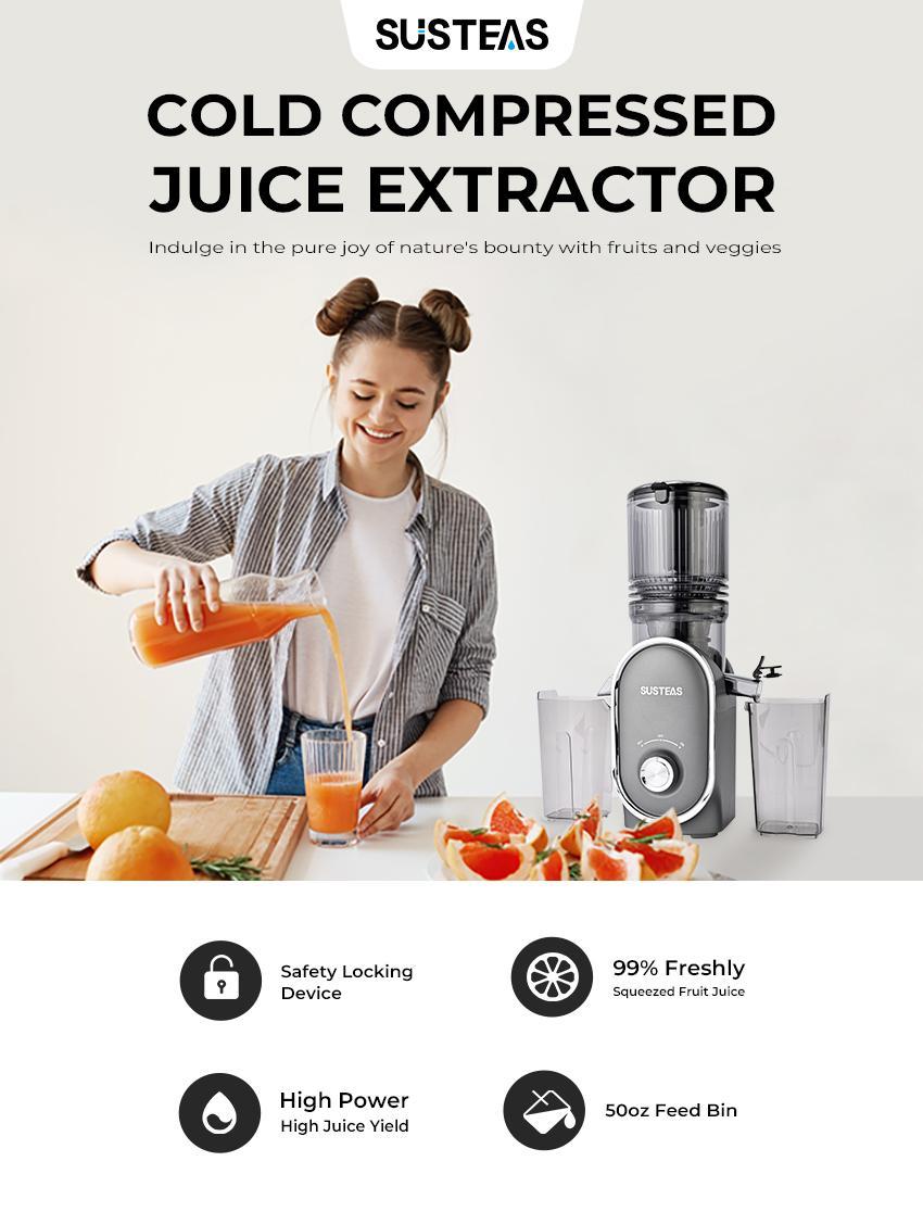 SUSTEAS 5.3 cold pressed juicer : 90% yield, cold-pressed, whole-produce, tool-free cleaning. Industrial metal juicer machine cold pressed juicer Large Feed Slow Masticator Fruit Chopping Appliance XL Press for Apples