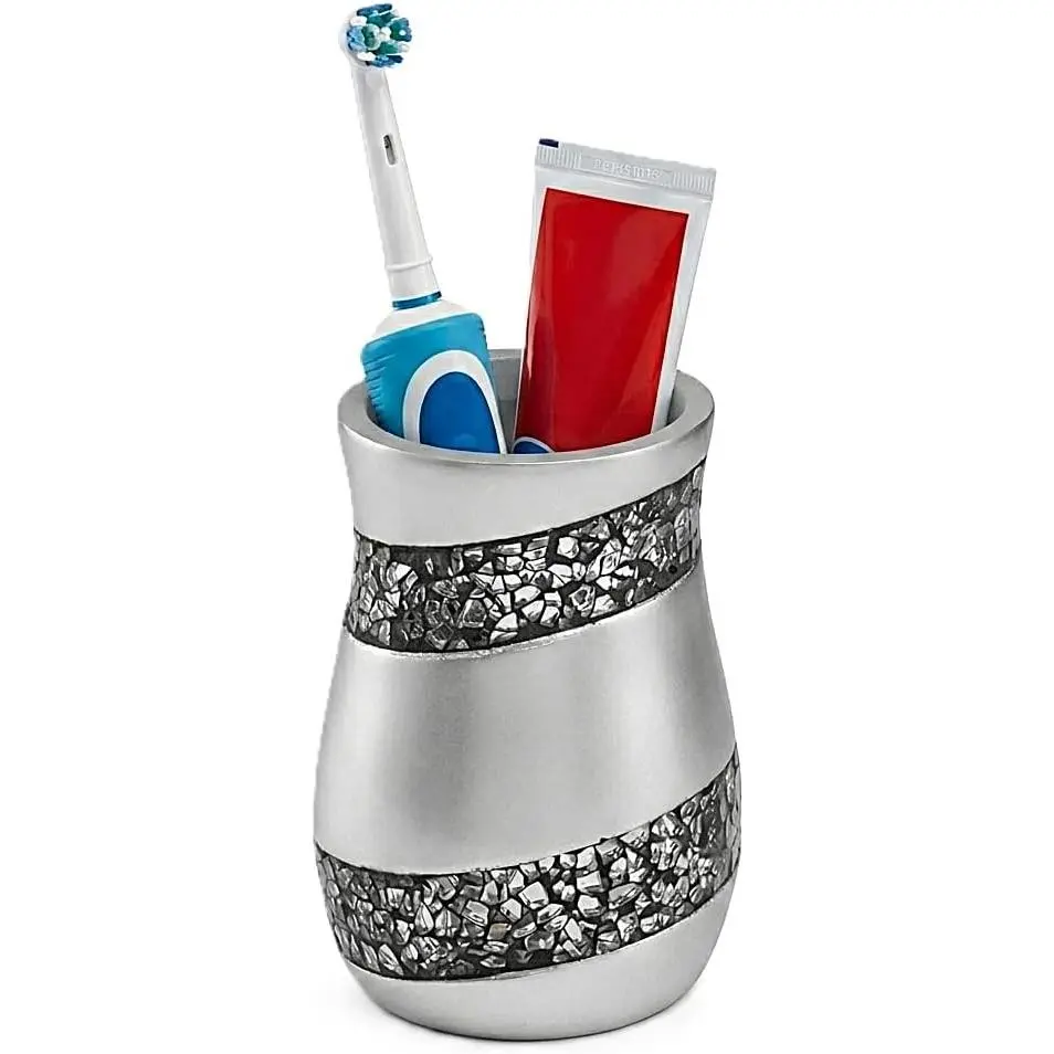 Silver Mosaic Bathroom Cup - Electric Toothbrush and Toothpaste Holder for Bathroom - Tooth Brush Holder Tumbler Cup for Toothbrushes, Toothpaste or Makeup Brushes (Silver)