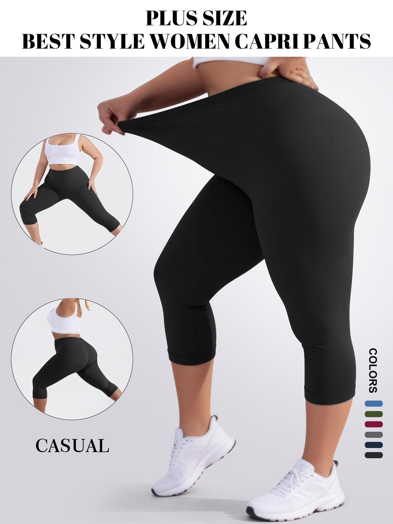 Plus Size Women's High Elasticity Capri Pants, Soft Comfortable Fabric, Non-Transparent Yoga Leggings for Leisurewear, Multiple Color Options, Elastic Waist Leggings