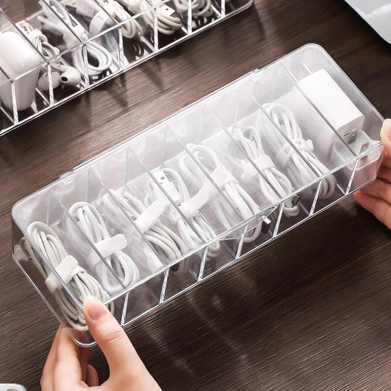 Multifunctional Headset Data Charging Line Cable Storage Box Transparent Plastic Data Line Storage Container for Desk Stationery Cable Organizer