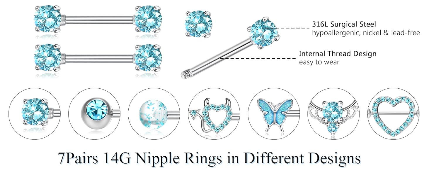 7 Pairs 14G Nipple Rings Steel Nipple Piercing CZ Heart Butterfly Barbell Tongue Rings Set Cute Nipple Tongue Piercing Jewelry Body Piercing Jewelry for Women