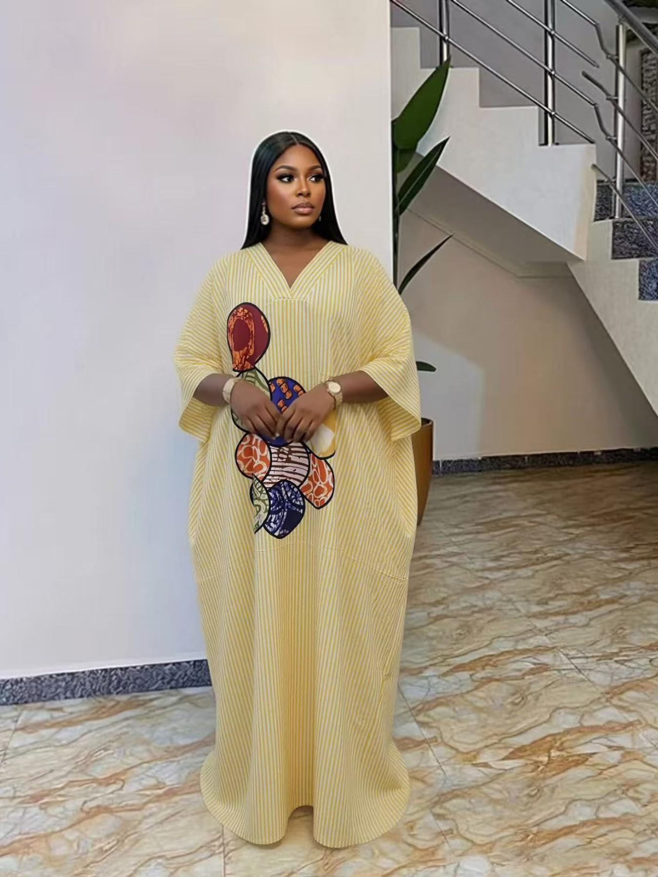 Plus Size Women's Fashion Chic Striped Print V-Neck Dress, Casual Daily Wear, Boho Summer, Ethnic Boubou Kaftan for Party & Beach Plus Size Women's Fashion Chic Striped Print V-Neck Dress, Casual Daily Wear, Boho Summer, Ethnic Boubou Kaftan for Party & Beach