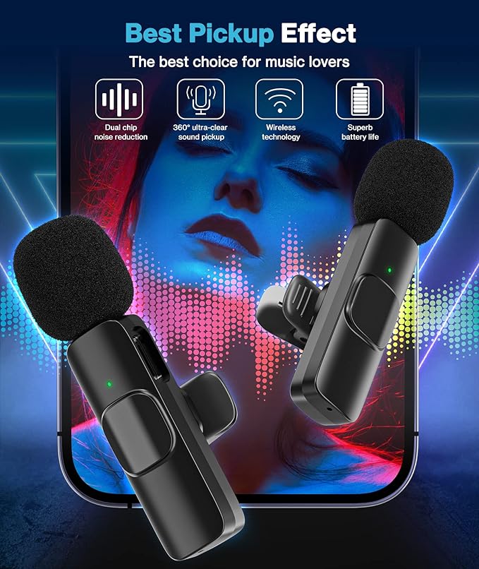 Wireless Microphone for Android/iPhone, Wireless Mic for iPhone 13 14 15 16 with Noise Reduction Chip, Mini Microphone for Recording Podcast YouTube, TikTok(2 Pack)