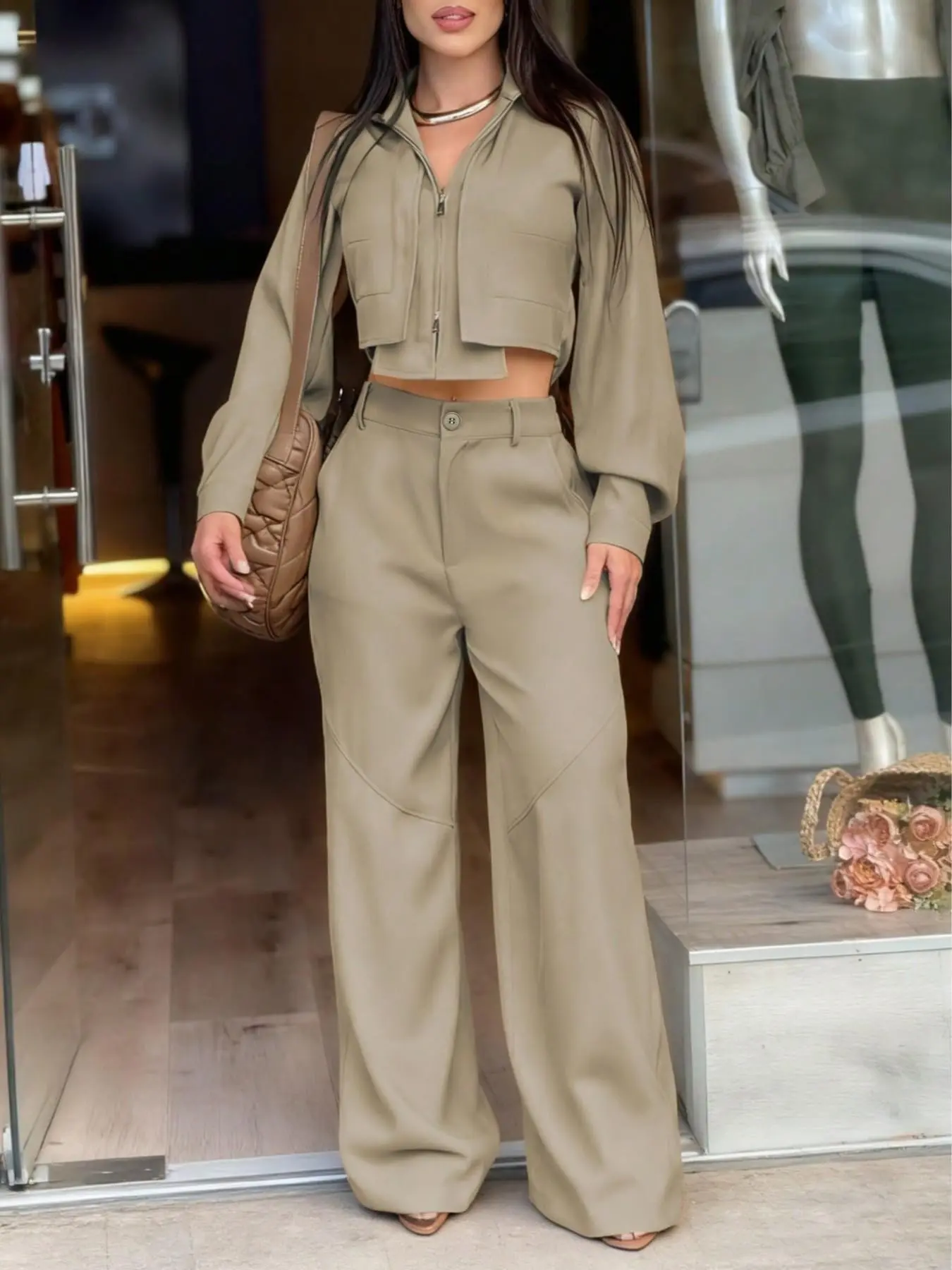 Two-Way Metal Zipper Pocket, Elegant Casual Fashion, Long Sleeve Lightweight Loose Non-Stretch, Women's Cargo Set, Perfect for Various Occasions