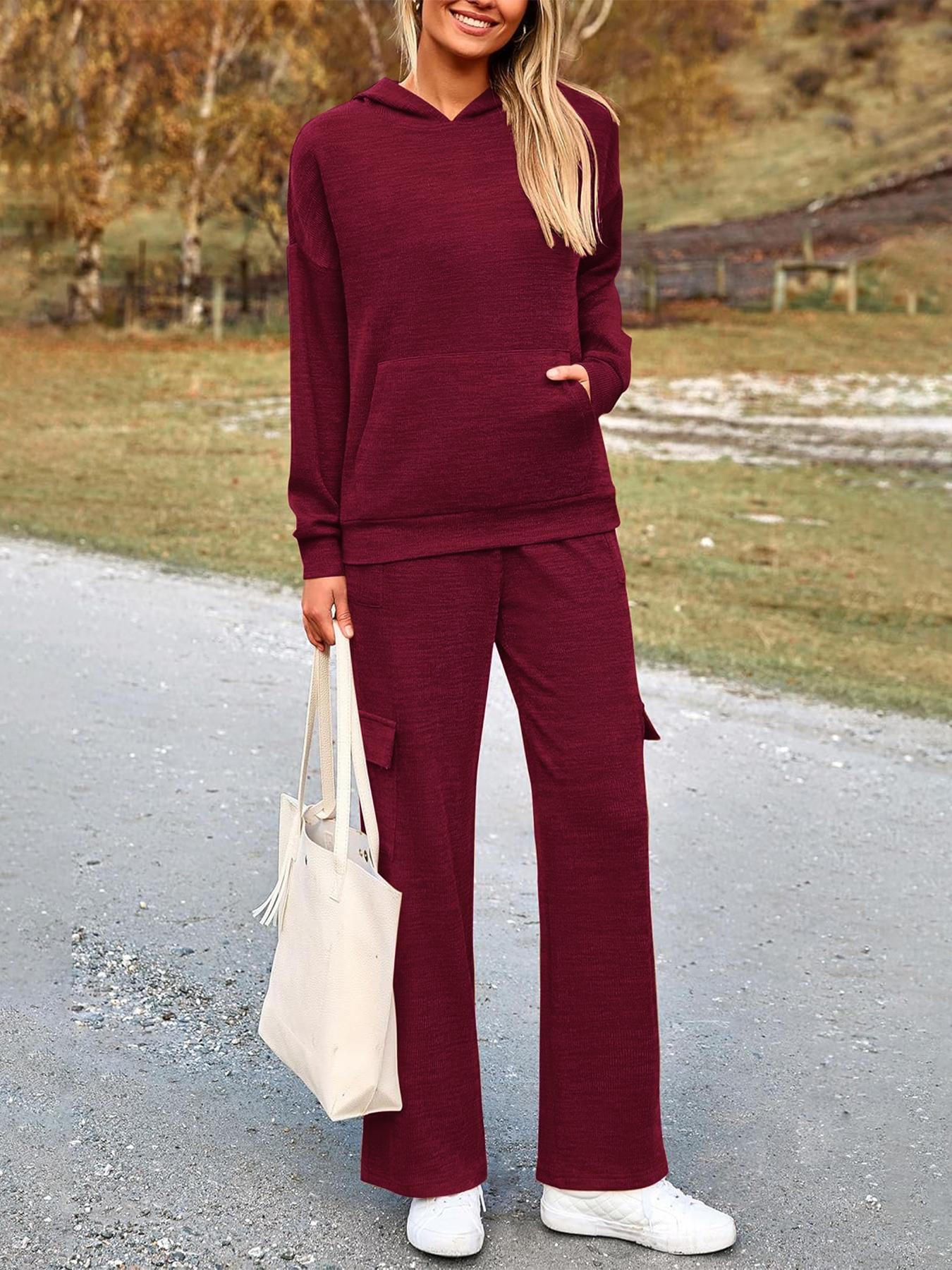 2026 Womens Fall Outfit 2-Piece Knitted SetsHoodie Tracksuits Wide Leg Pants With Pocket AndDrawString Long Sleeve Hooded Kangoroo Pocket TopsKnitwear Sporty Casual Loungwear, Womenswear Travel Outfit