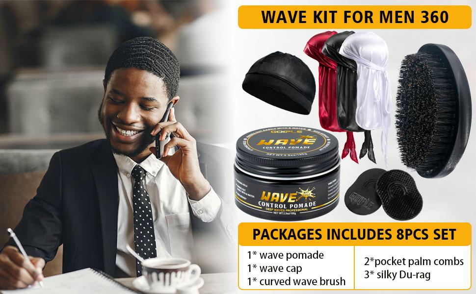 Men's 360 Wave Kit Goiple Pomade Strong Hold Easy Wash Adds Shine Curved Brush Durag Cap Set for Wave Training and Moisture Hair Care Gel