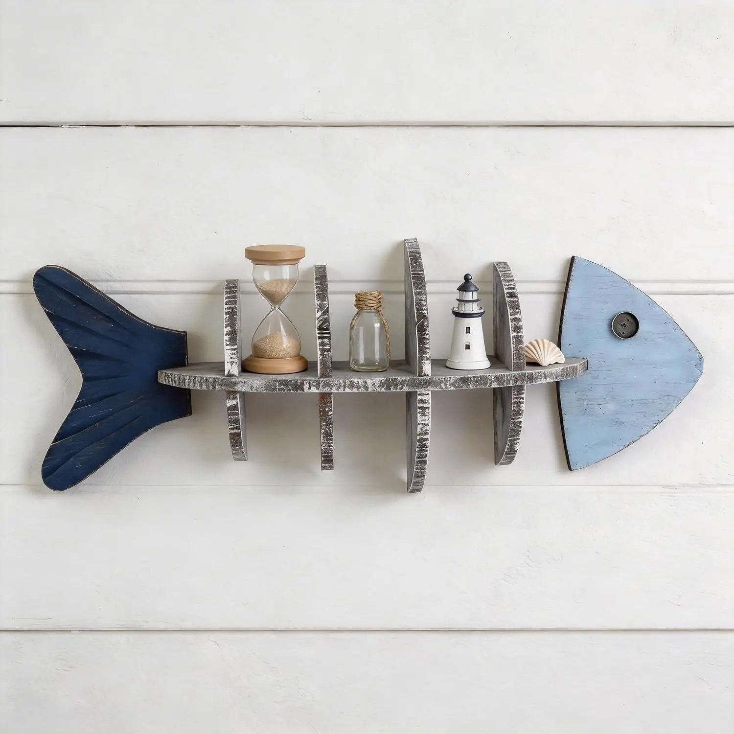 Wooden Fishbone Wall Decor, Floating Shelf, Nautical Coastal Wall Mounted Organizer, Driftwood Fish Display Shelf for Bedroom, Bathroom, Living Room, Lake House, Housewarming, Birthday Gift for Lovers