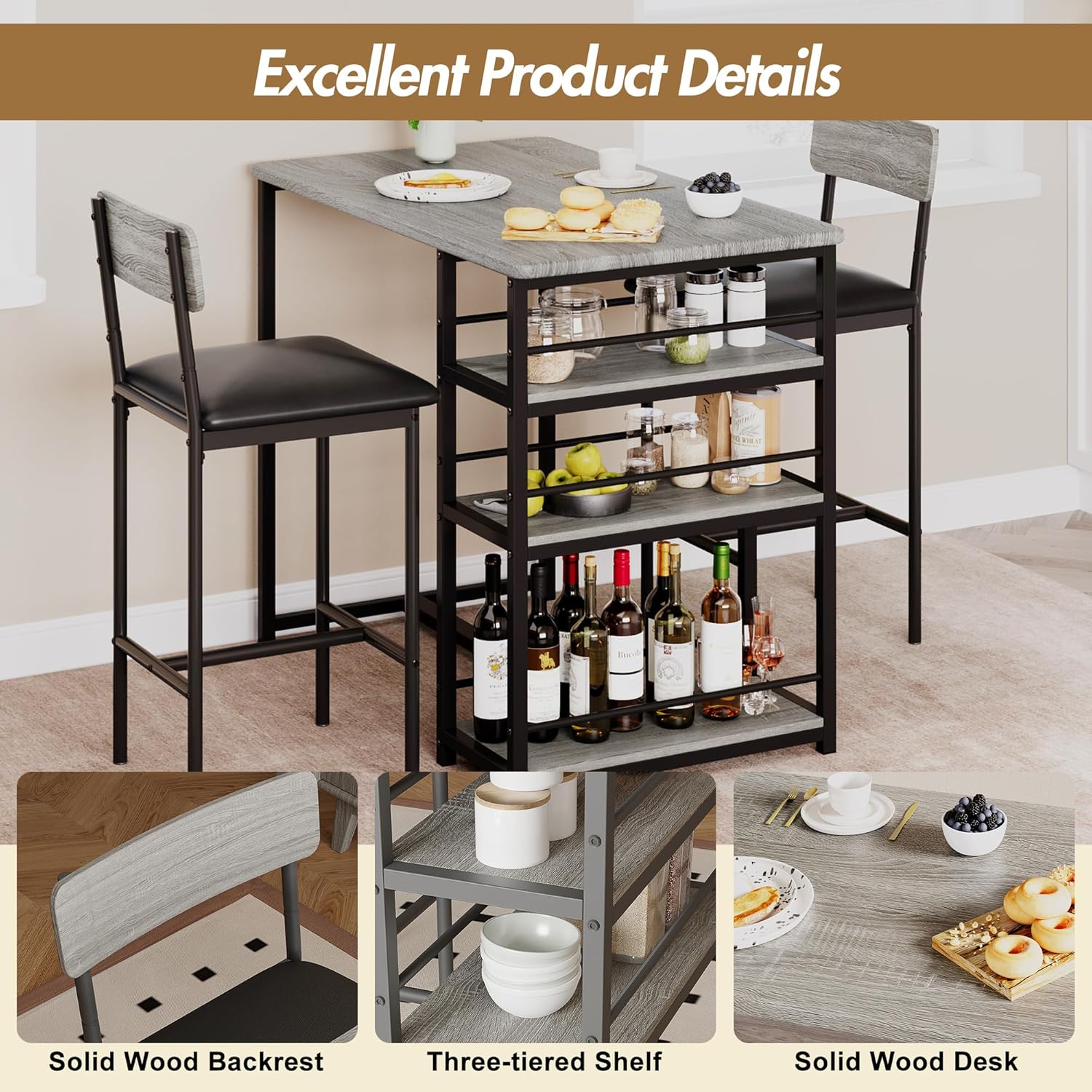 3-Piece Double Bar Table Set with 3-Tier Storage Shelves, Compact Kitchen Dining Table Set with 2 Upholstered Stools, Space-Saving Breakfast Nook for Kitchens, Taverns, Apartments 3-Piece Double Bar Table Set with 3-Tier Storage Shelves, Compact Kitchen Dining Table Set with 2 Upholstered Stools, Space-Saving Breakfast Nook for Kitchens, Taverns, Apartments