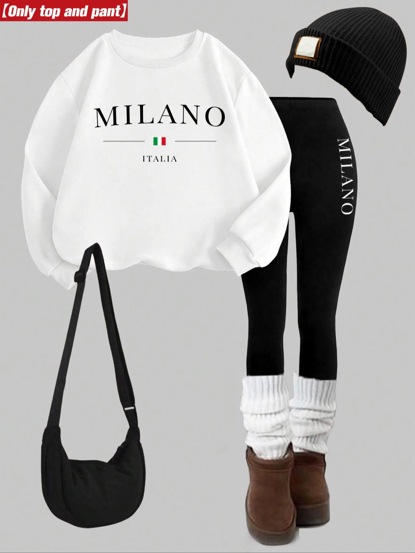 Women's 2-Piece Fitted Sweatshirt Set, Milano Letter Print, Round Neck Long Sleeve, Bottoms Pants, Casual Fall Winter