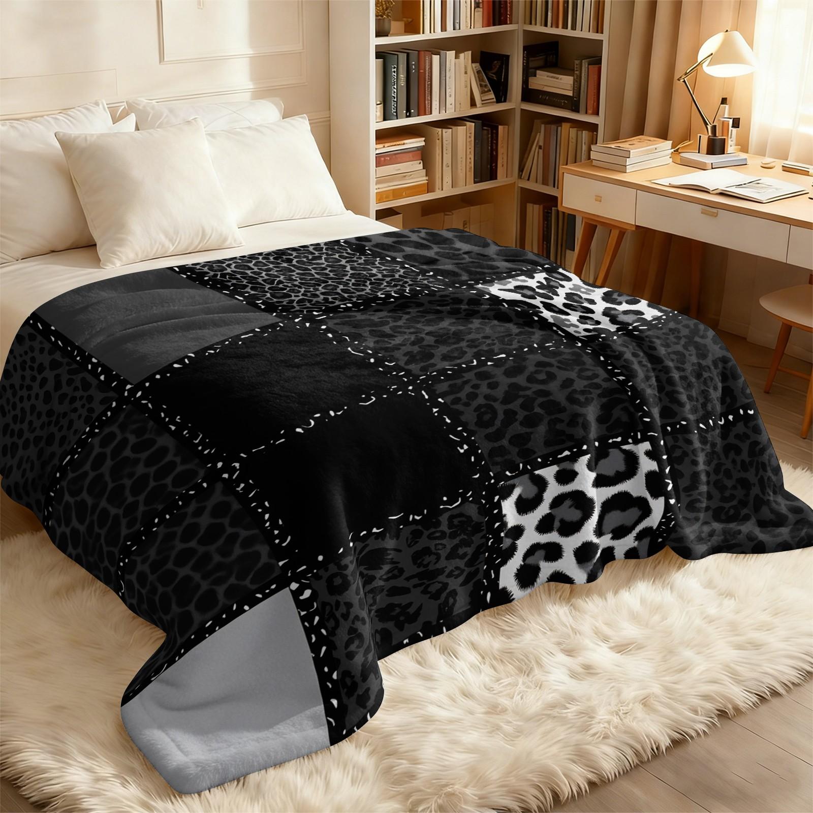 Dark Y2K Leopard Spliced Print Flannel Throw Blanket, Lightweight, Soft And Breathable, Cozy Throw Blankets. Black-Gray Cheetah Print Works For Sofas, Dorms, Travel And Camping. Delivers Cool Personal Charm, Trendy All-Season Blanket