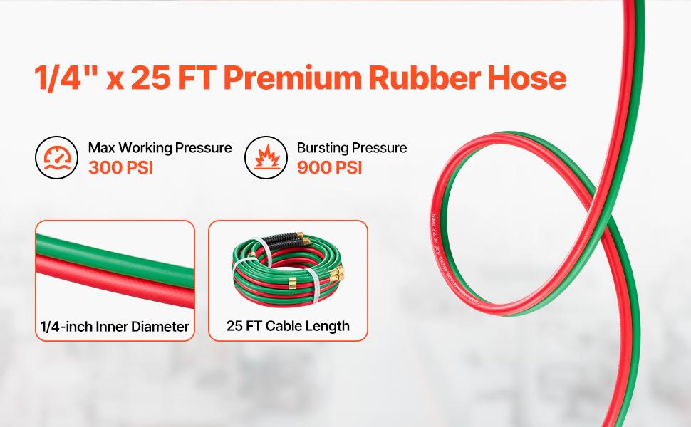 VEVOR Oxygen Acetylene Hose, 1/4-Inchx 25FT Oxy Acetylene Hose with 9/16"-18 B Fitting, 300PSI T Grade Welding Cutting Torch Twin Hose, Compatible with Oxygen, Acetylene, Propane and Other Fuel Gases