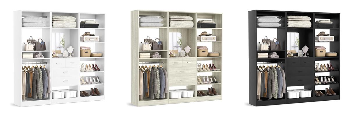 Cyclysio 75” Closet System with Shoe Rack and Hanging Rods, Modern Walk-in Closet Organization Wardrobe with Wooden Drawers and Mirror and Shelves