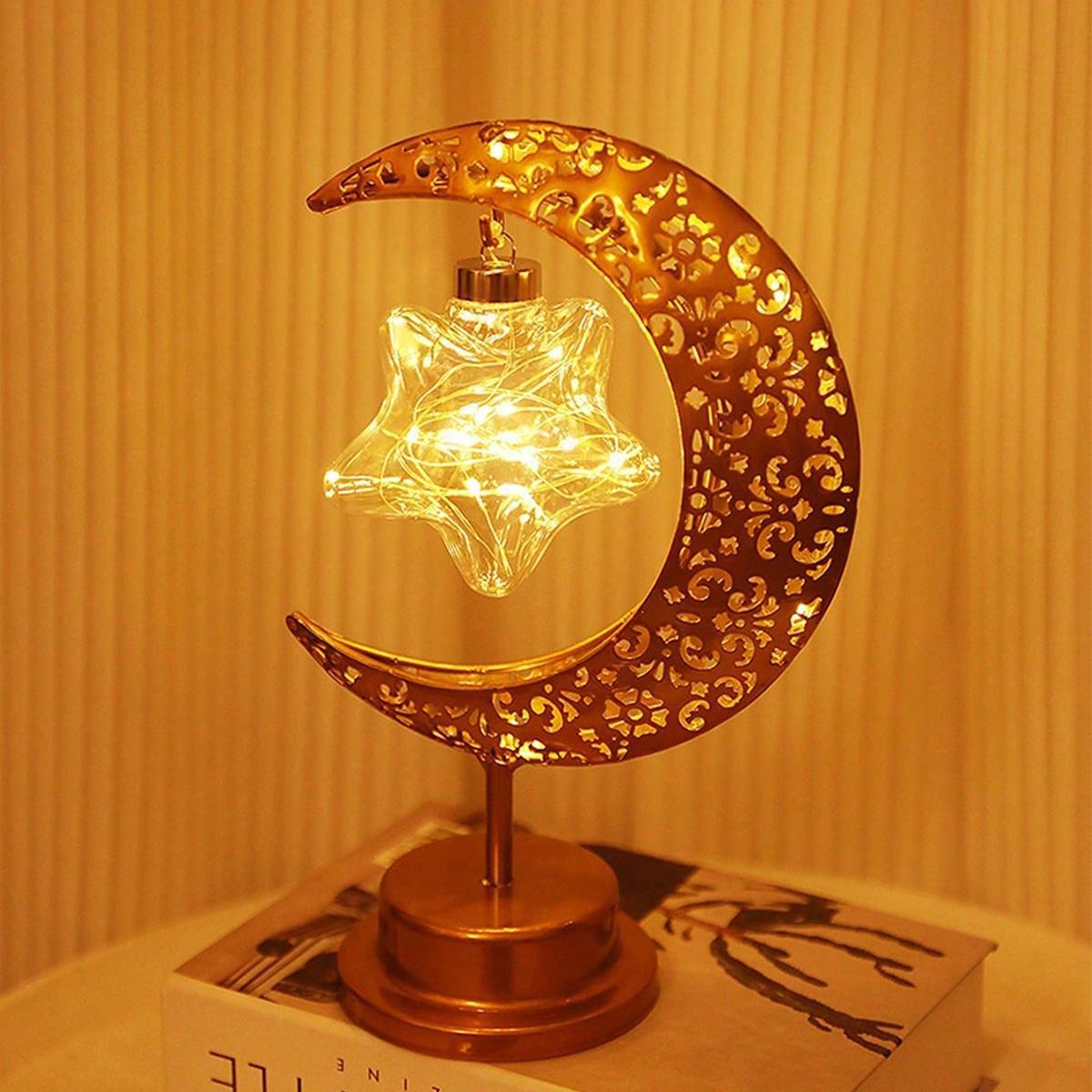 LED Iron Moon & Star Night Light, Ramadan Festival Decoration Bedroom Table Lamp, Atmosphere Light, Home Cozy Decor, Mood Decorative Lights, Starry Night Light