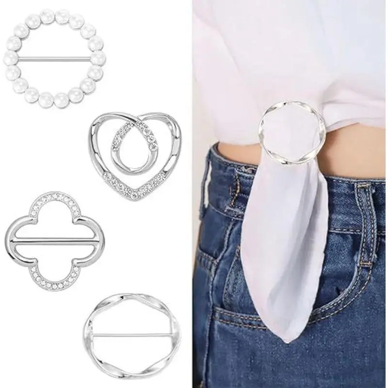 Women's 4PC Rhinestone Clothes Hem Clips - Unique Accessories with Sparkly Floral, Heart, Round Shapes, Garment Knot Buckles for Summer Daily Outfit Elegant Styling