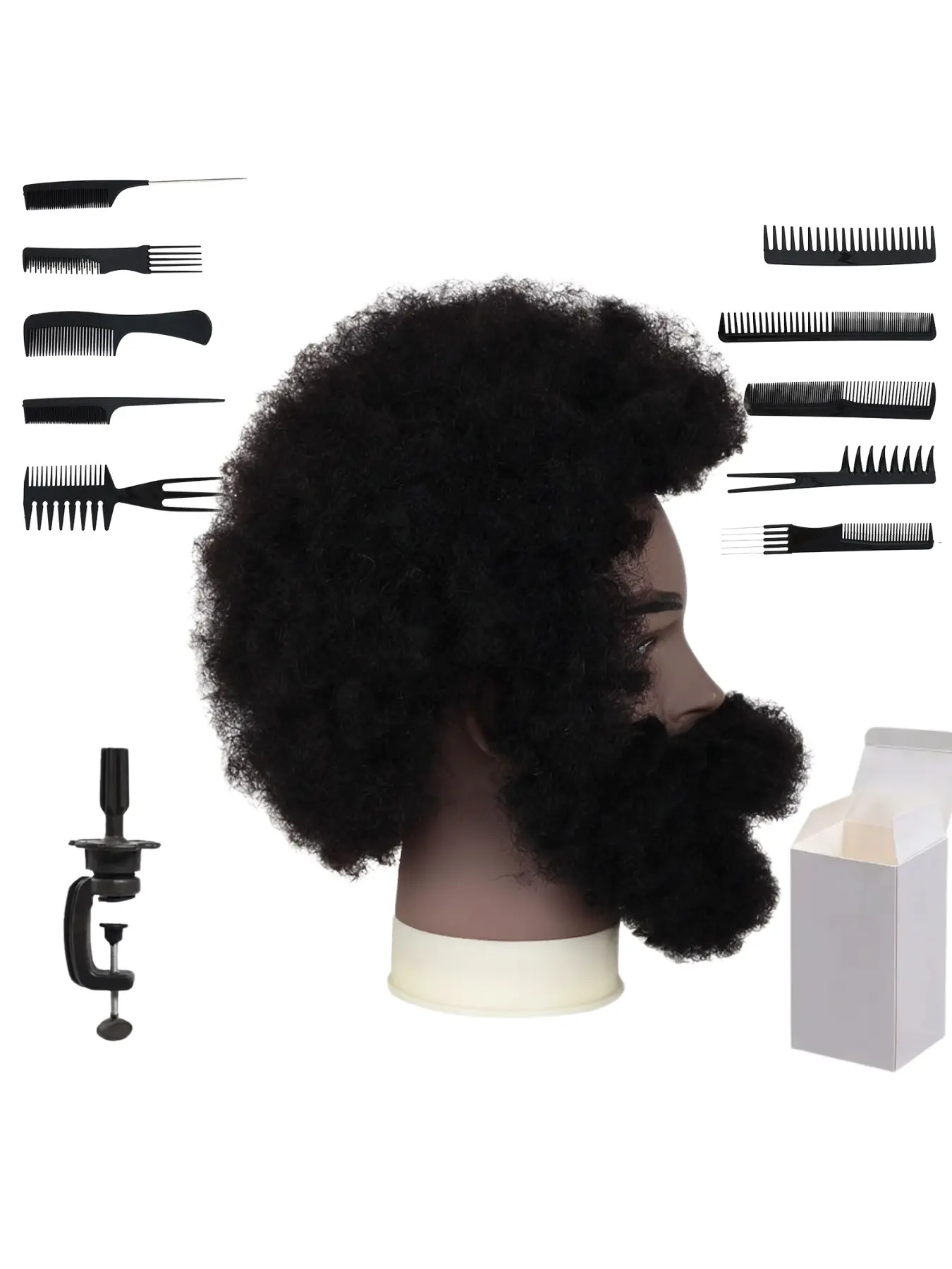 100% Human Hair Male Mannequin Head With Afro Kinky Hair And Thick Beard 6 Inches Natural Black Barber Practice Head For Cornrows Twists Dyeing Curling Comes With Clamp Holder Professional Hair Comb Kit And Premium Gift Box