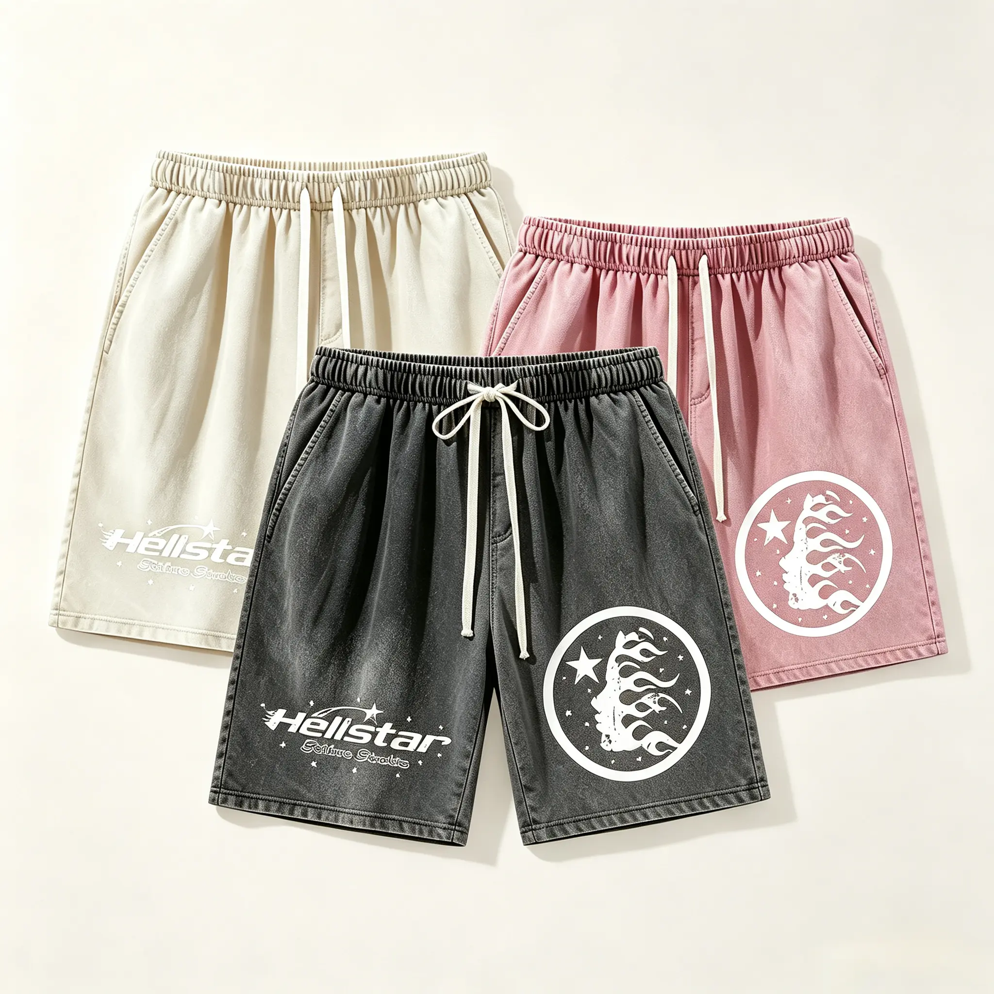 Vintage Washed Hellstar Print ShortsAmerican Vintage Washed Tie-Dye Sanskrit Cross Short Pants,Unisex Loose Streetwear Shorts Elastic Drawstring Waist With Side Pockets,Hip Hop Graphic Casual Bottoms For Summer Daily Outfit,Casual Comfy Shorts