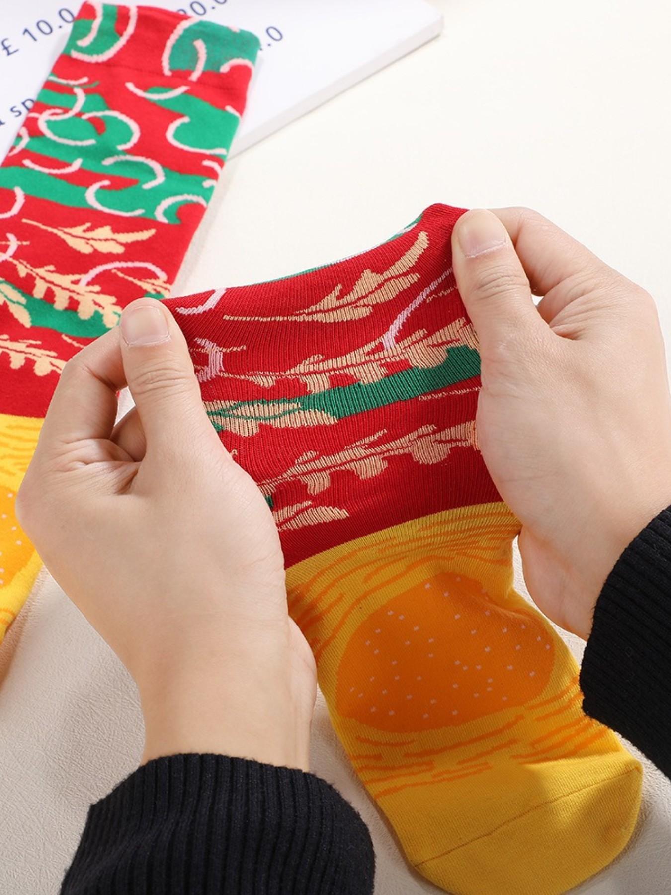 3 Pairs Burger Gift Box Socks, Fun Trendy Unisex Crew Socks, Creative Food Design, Warm Soft Comfortable, Perfect Gift Sock Set