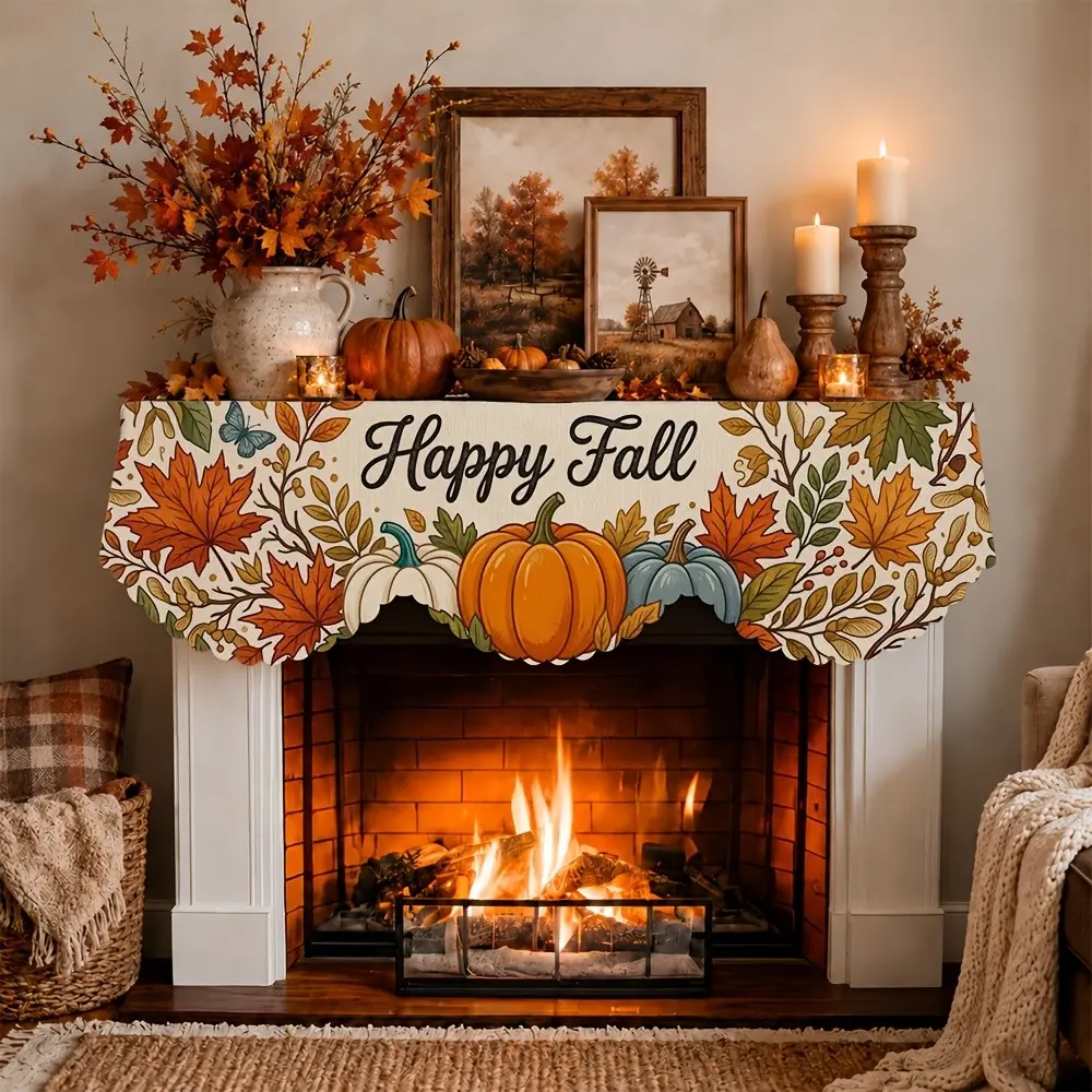 Farmhouse Fall Fireplace Mantel Scarf, Pumpkin Sunflower Leaf Print Harvest Tablecloth, Thanksgiving Decor, Seasonal Home Decoration